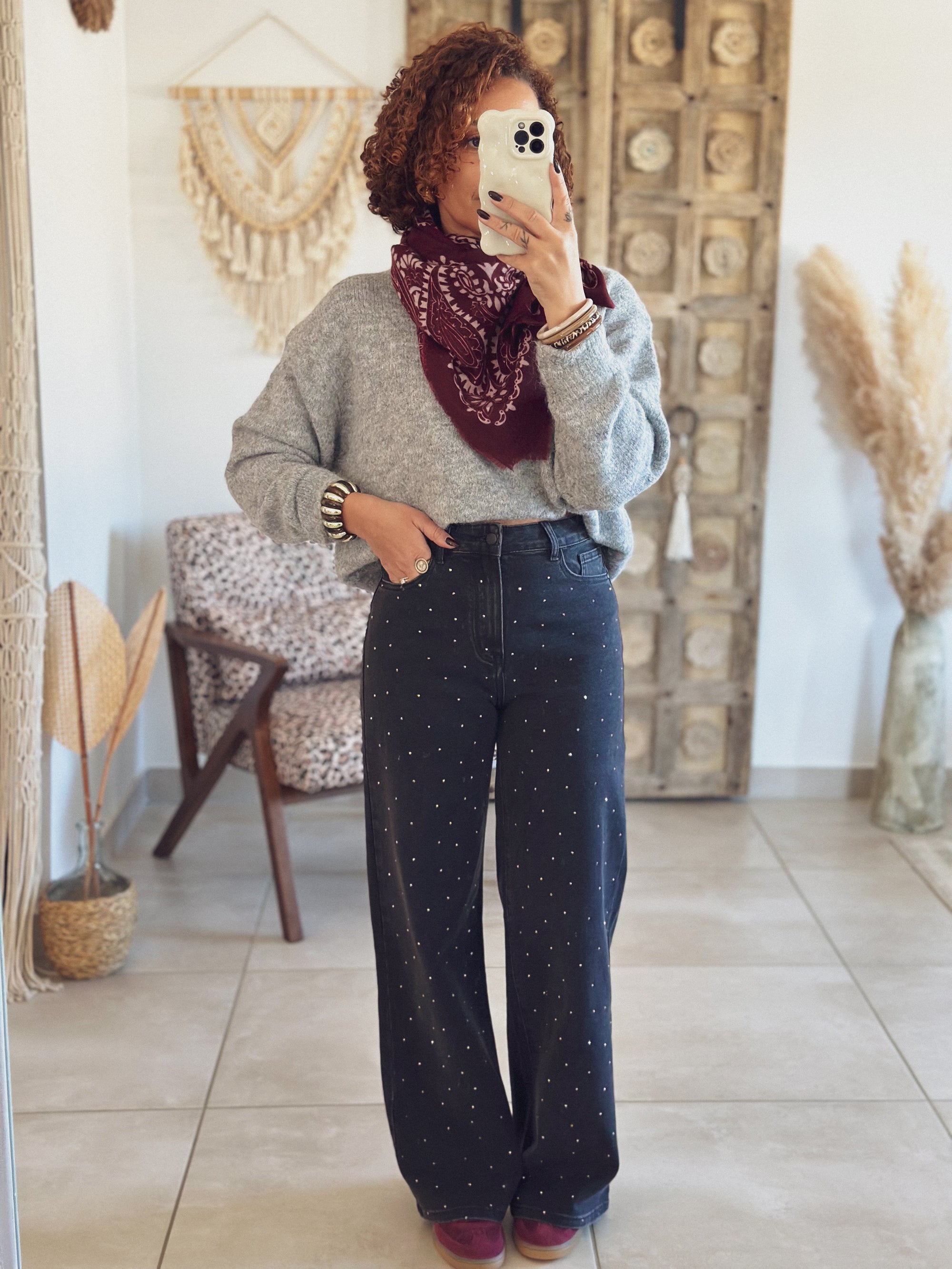 Jean Naomie – Wide leg Noir à Strass