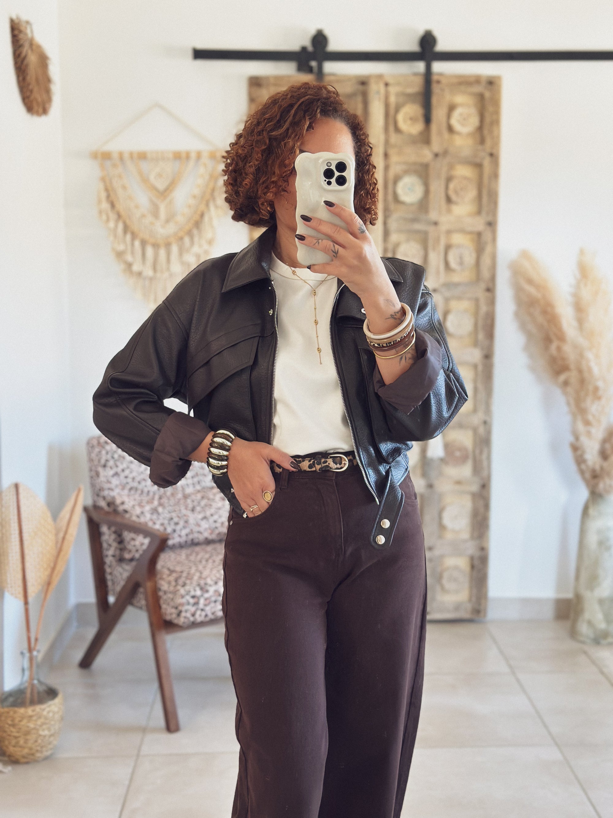 Veste Mila – Marron effet cuir grainé