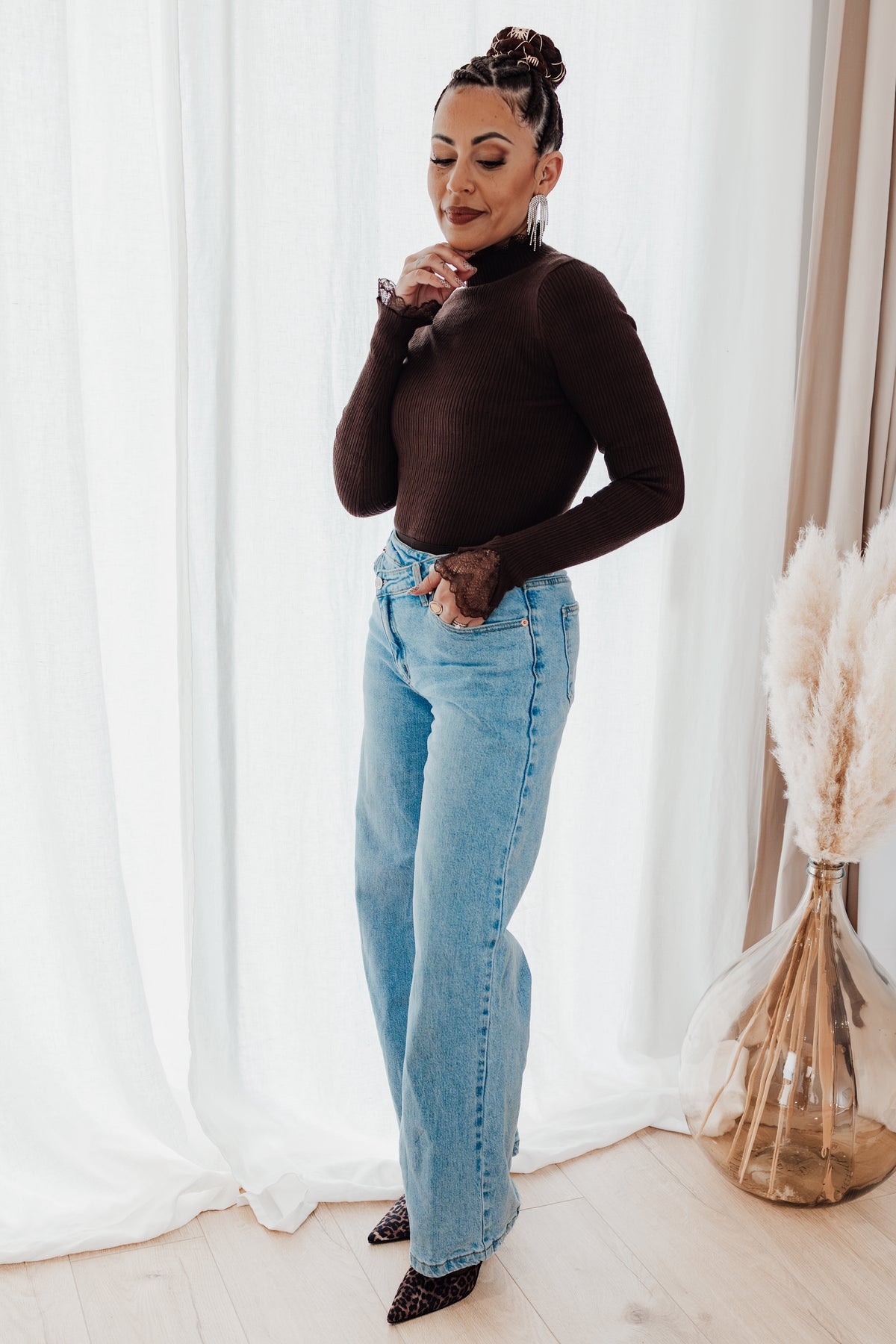 Farah Sweater - chocolate high neck with lace