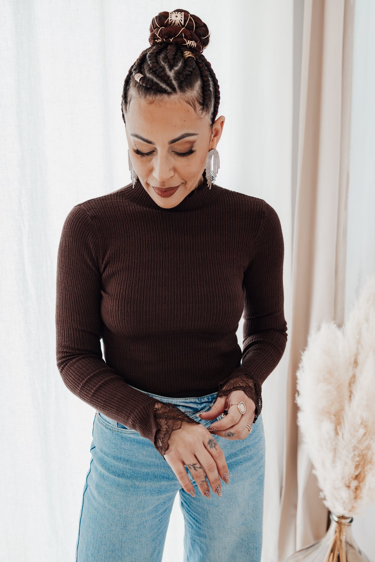 Farah Sweater - chocolate high neck with lace