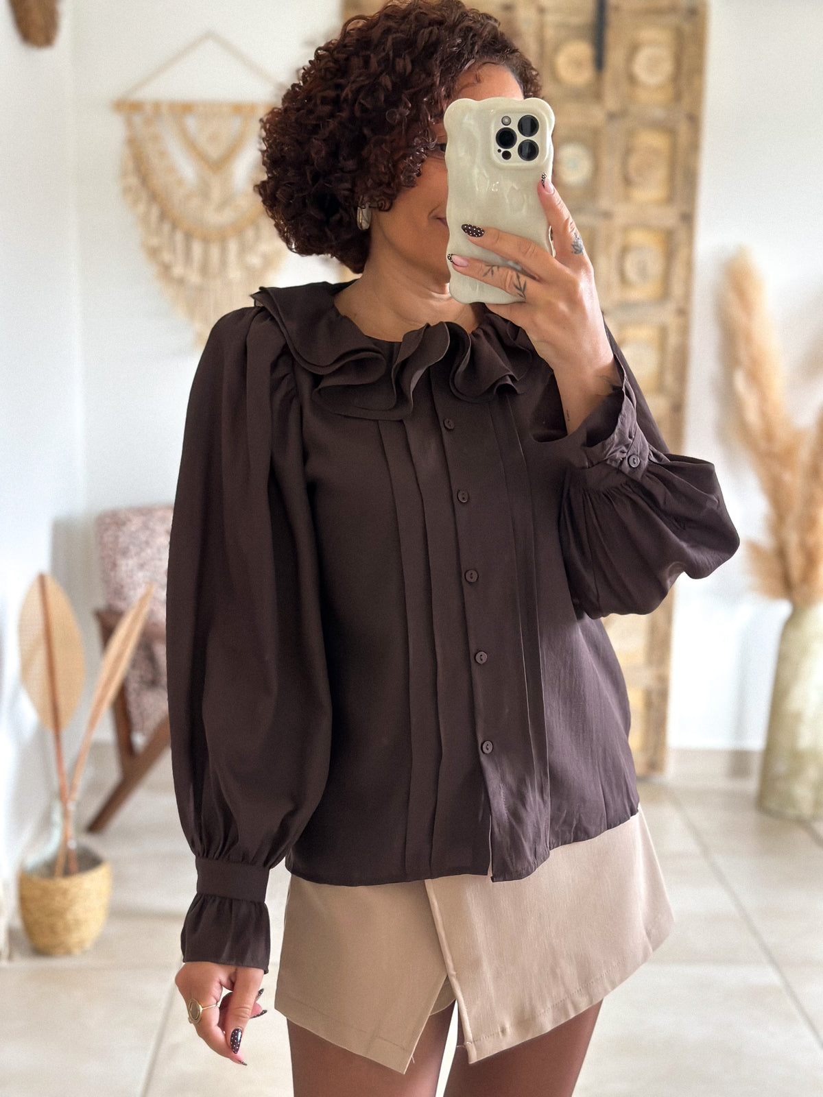 June Blouse - chocolate ruffled collar