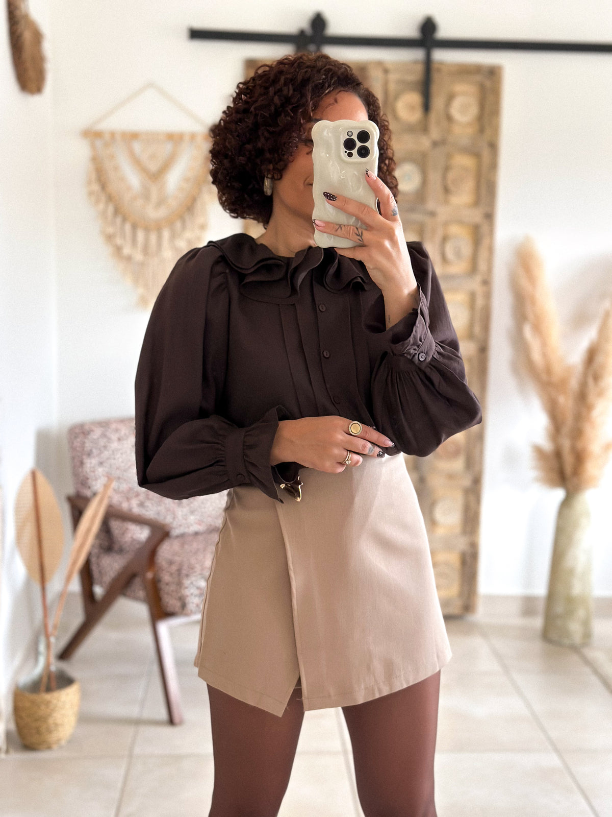 June Blouse - chocolate ruffled collar