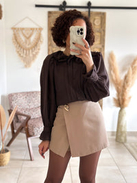 June Blouse - chocolate ruffled collar