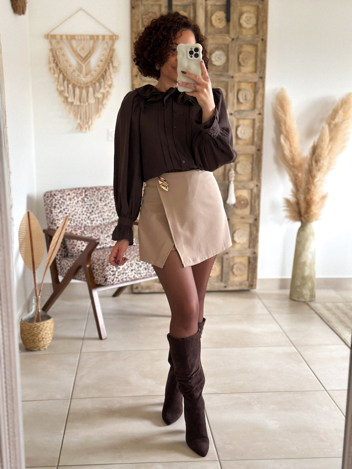 June Blouse - chocolate ruffled collar