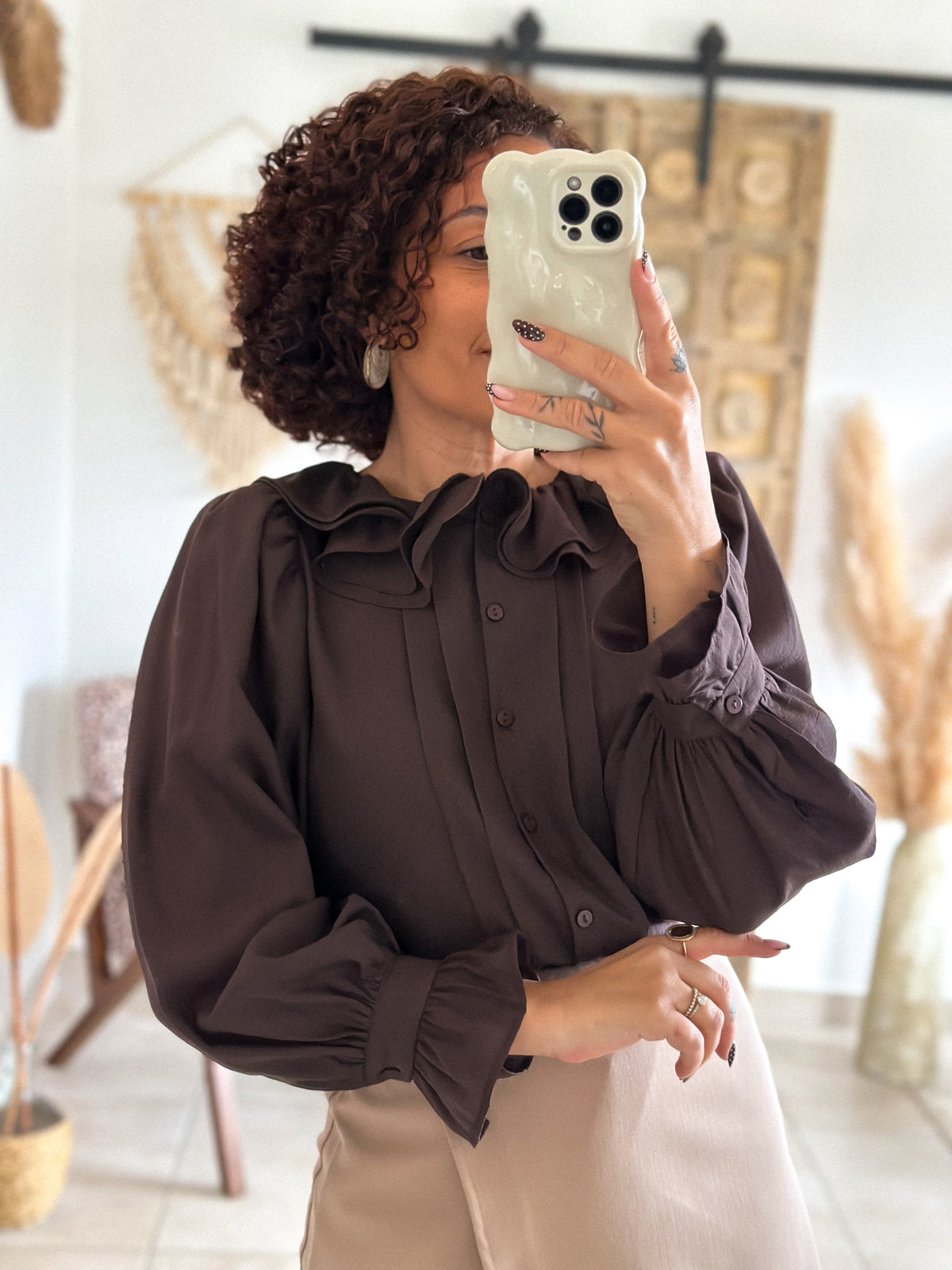 June Blouse - chocolate ruffled collar