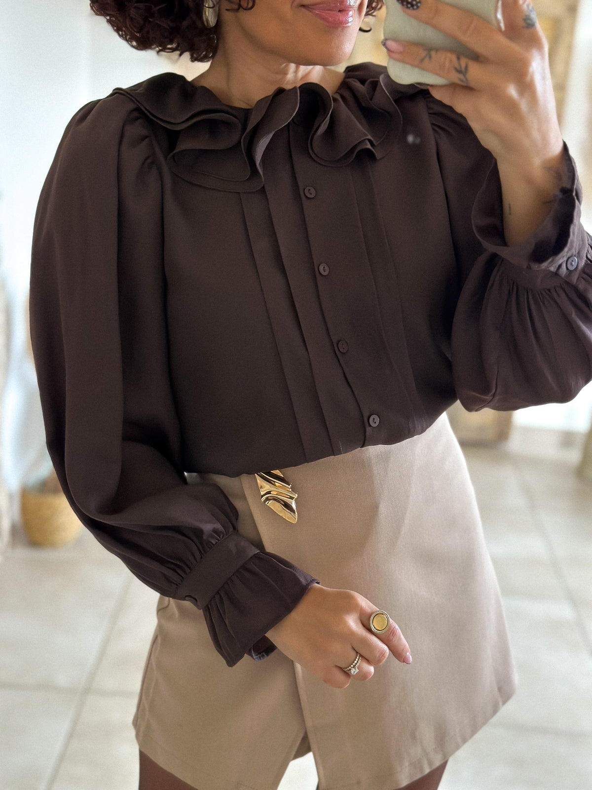 June Blouse - chocolate ruffled collar