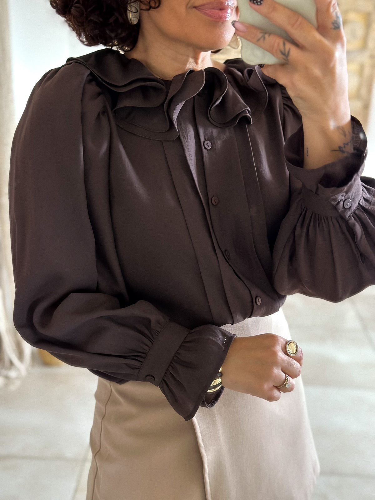 June Blouse - chocolate ruffled collar