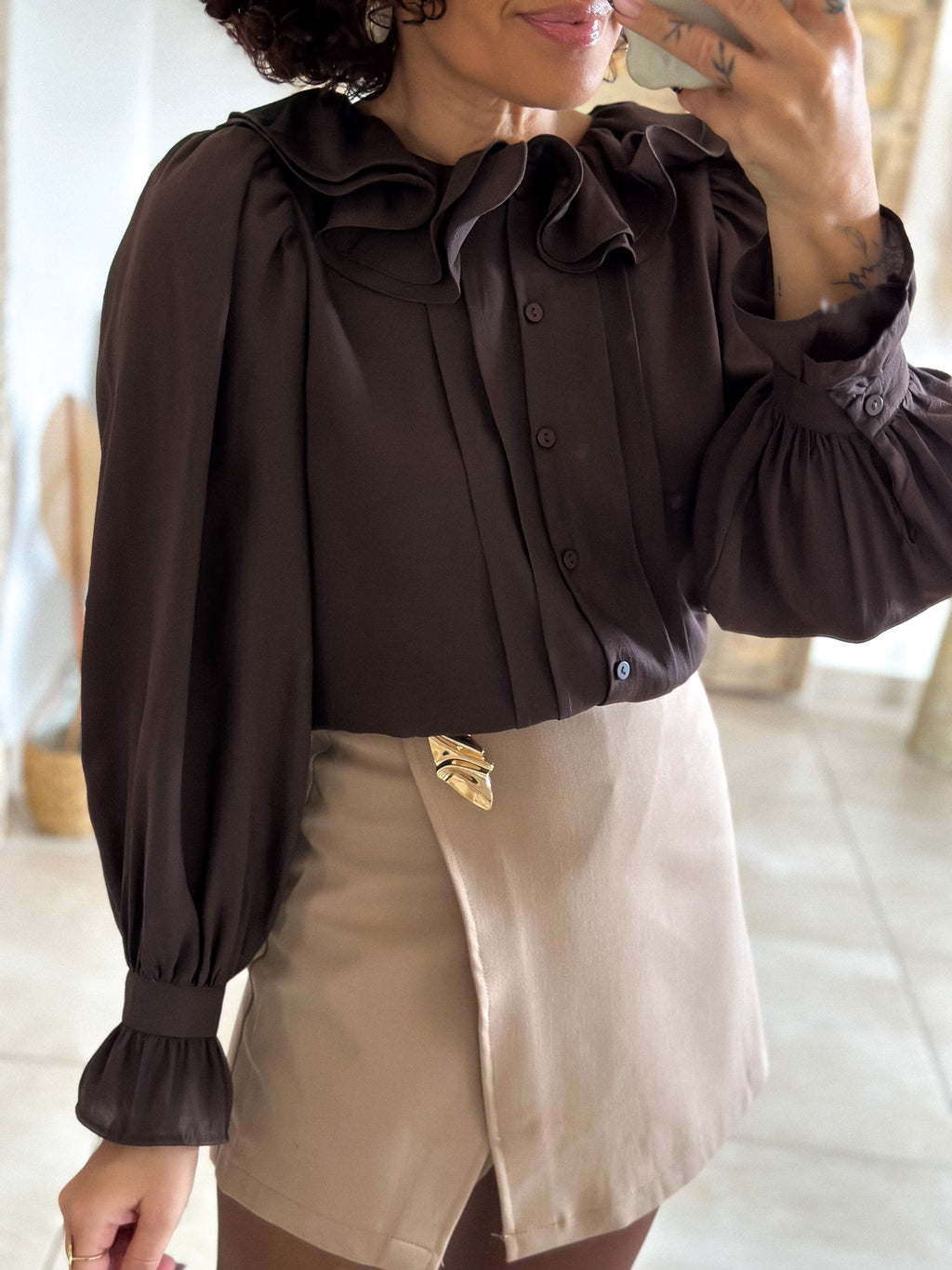 Blouse June - col volanté chocolat