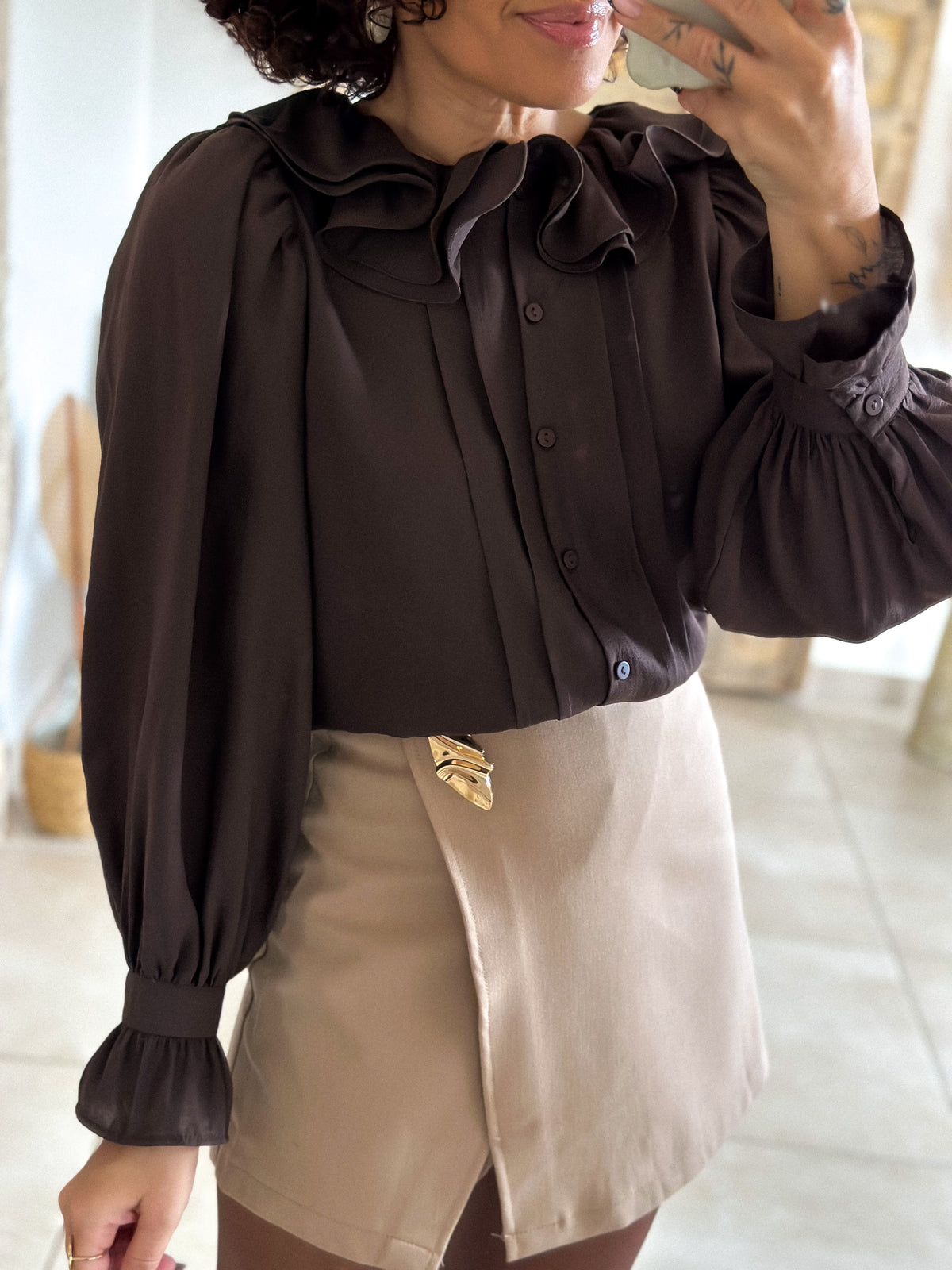 June Blouse - chocolate ruffled collar