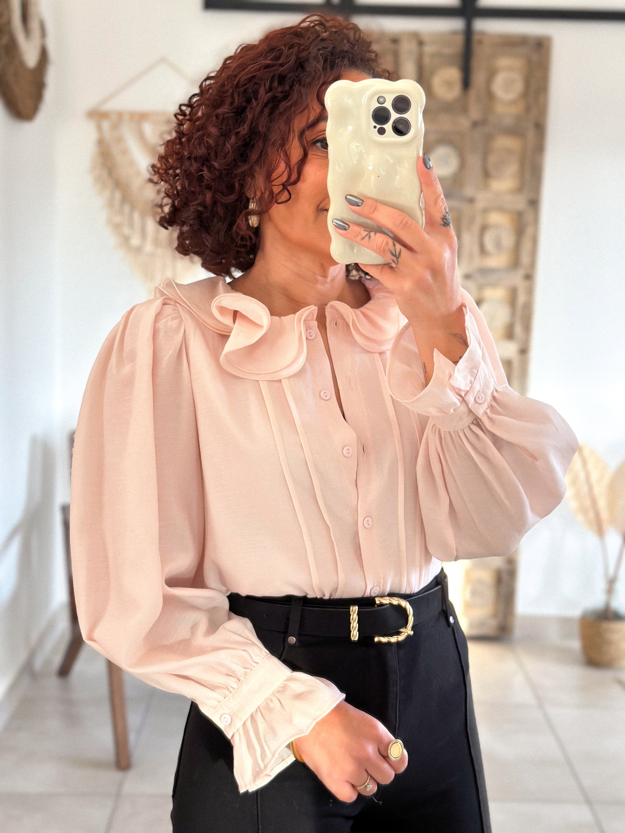 Blouse June - col volanté rose