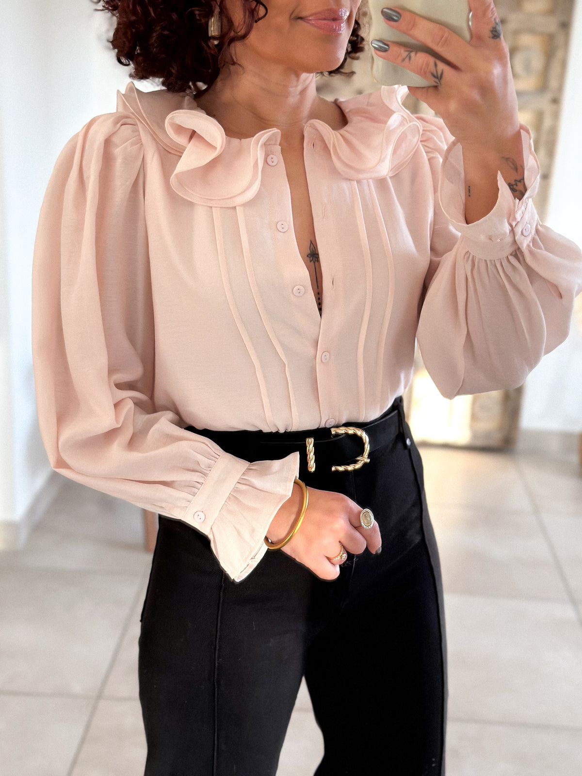 June blouse - pink ruffled collar