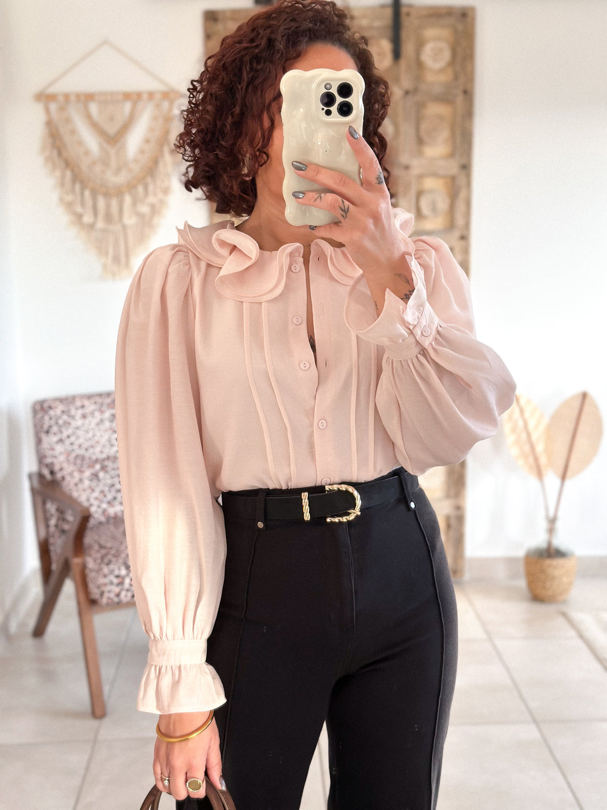 June blouse - pink ruffled collar