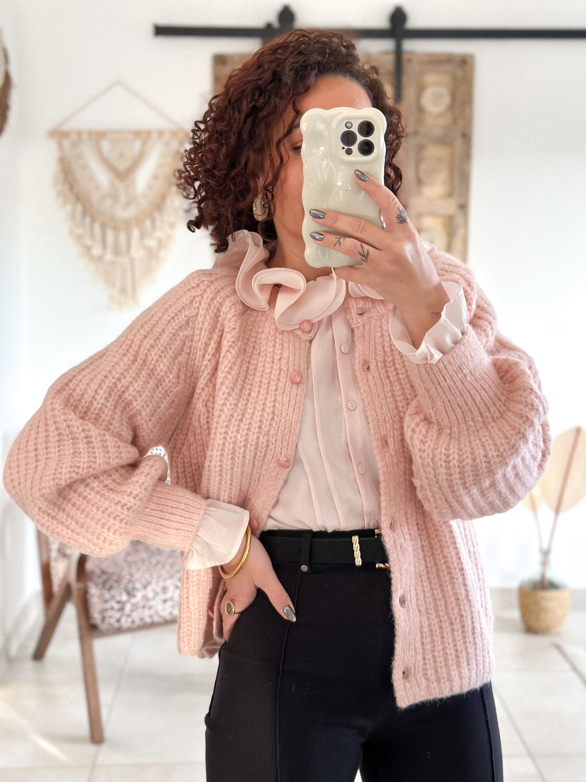 June blouse - pink ruffled collar