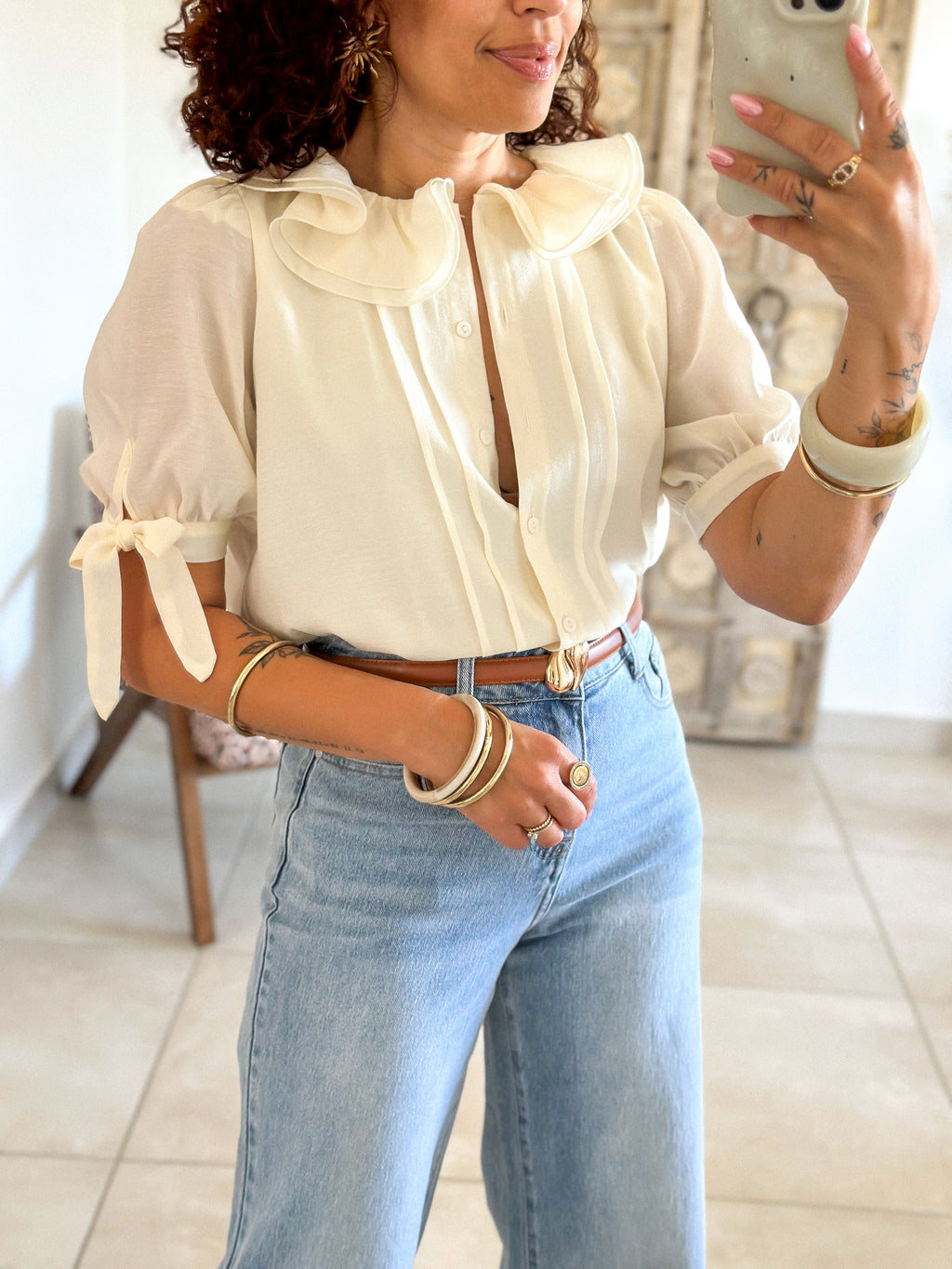 Blouse Marta - Col volanté beige