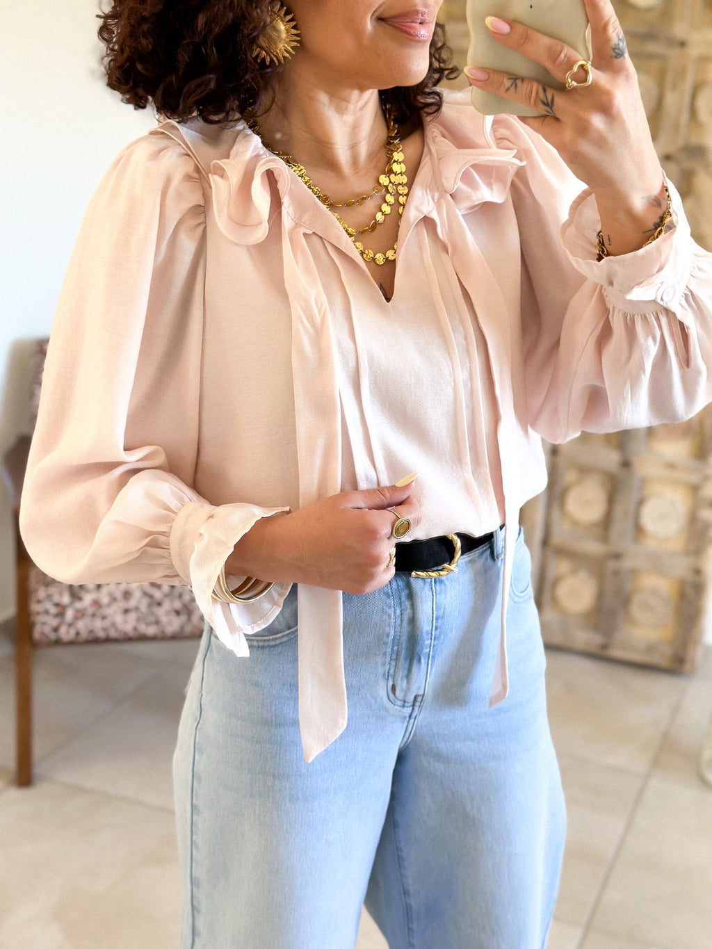 Blouse Léna - Col volanté rose clair