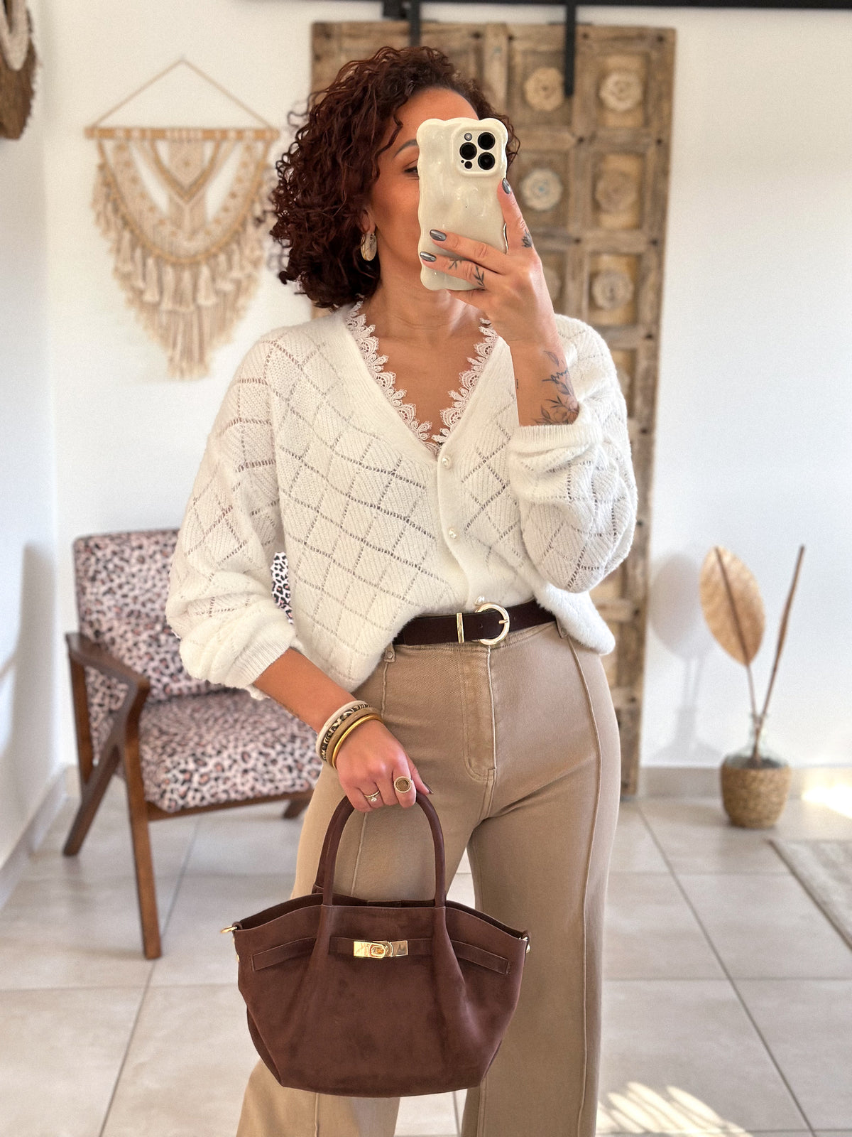 Isana Cardigan - ecru openwork knit