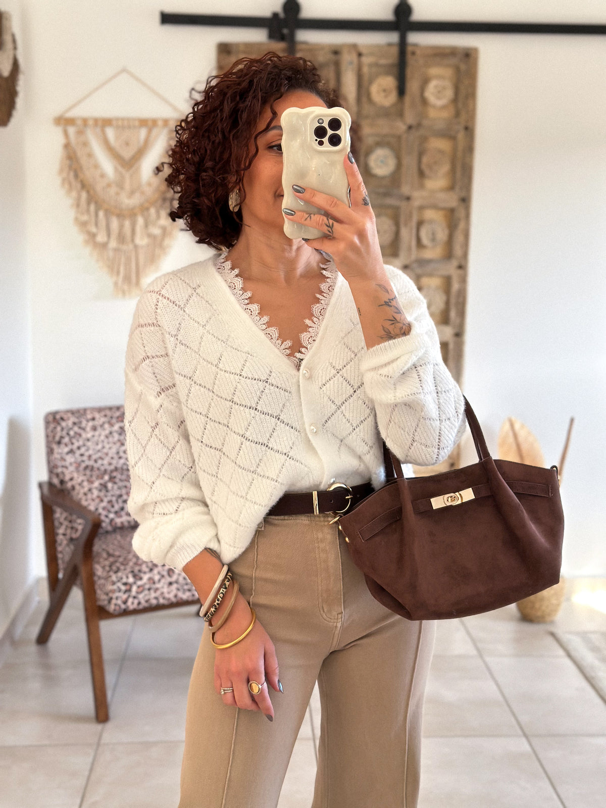 Isana Cardigan - ecru openwork knit