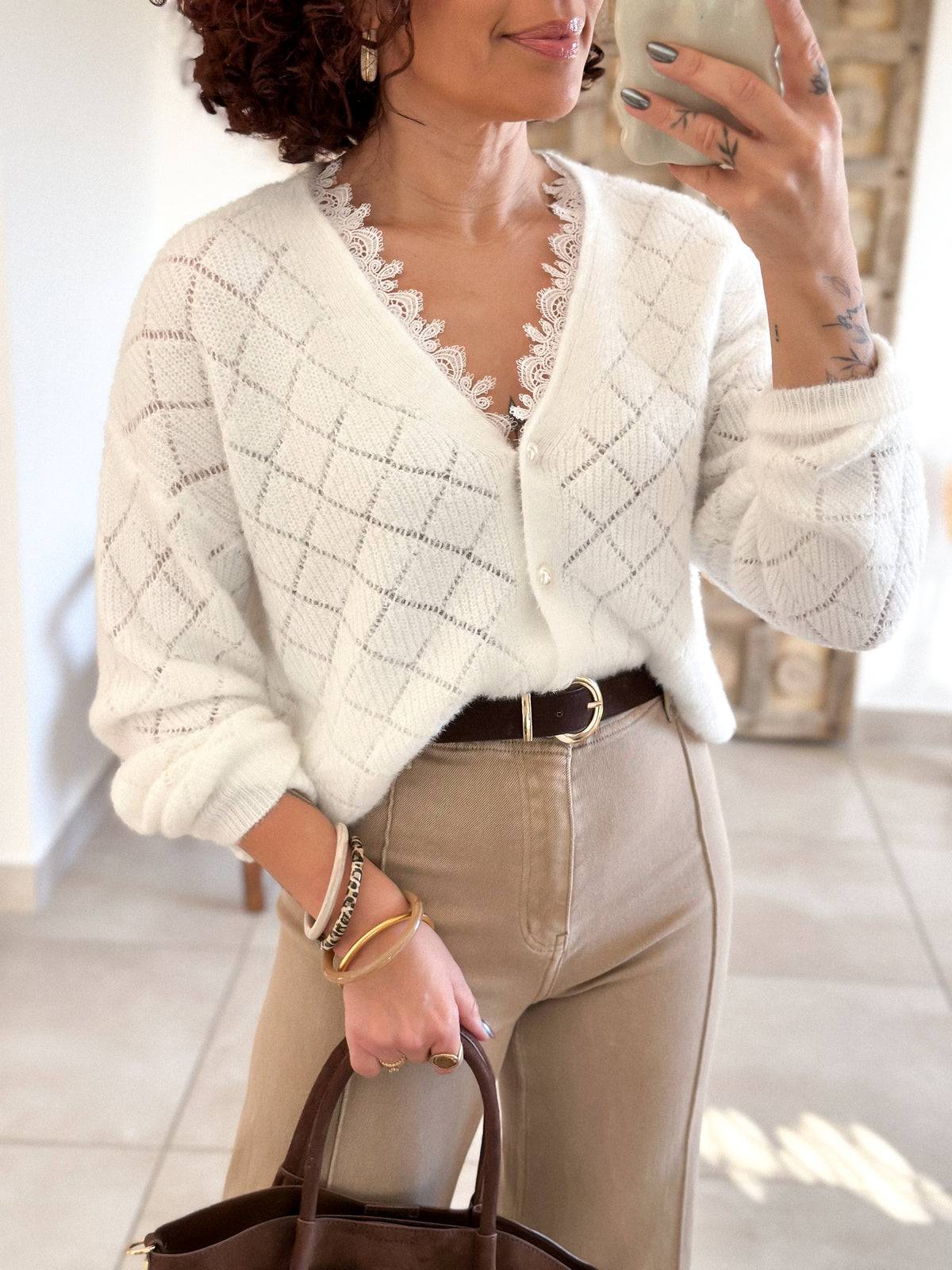 Isana Cardigan - ecru openwork knit