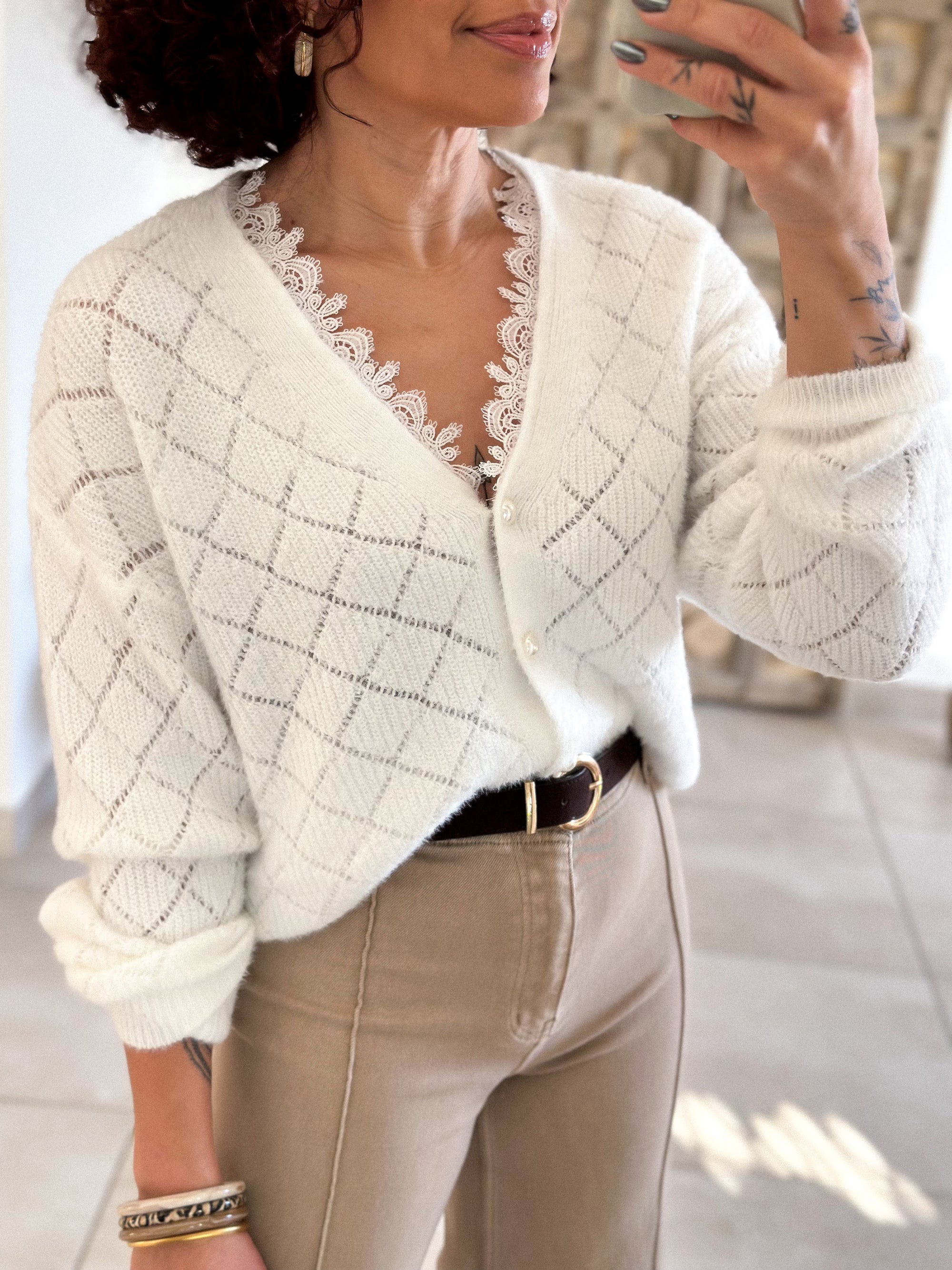 Cardigan Isana - écru maille ajourée