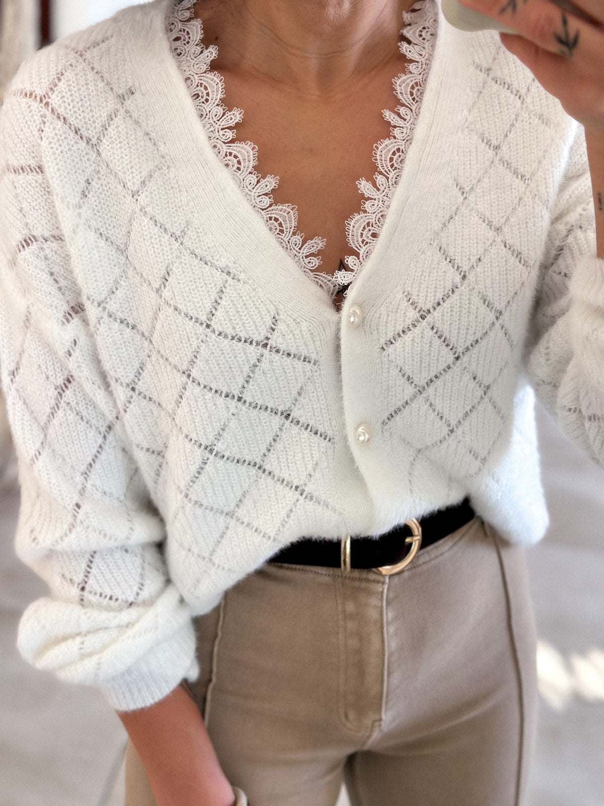 Isana Cardigan - ecru openwork knit
