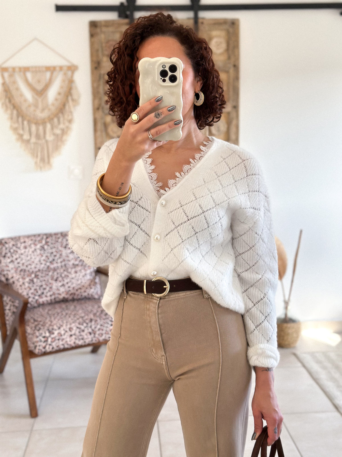 Isana Cardigan - ecru openwork knit