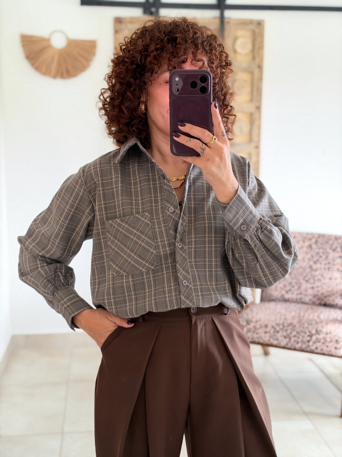 Chemise Edith - Carreaux gris taupe
