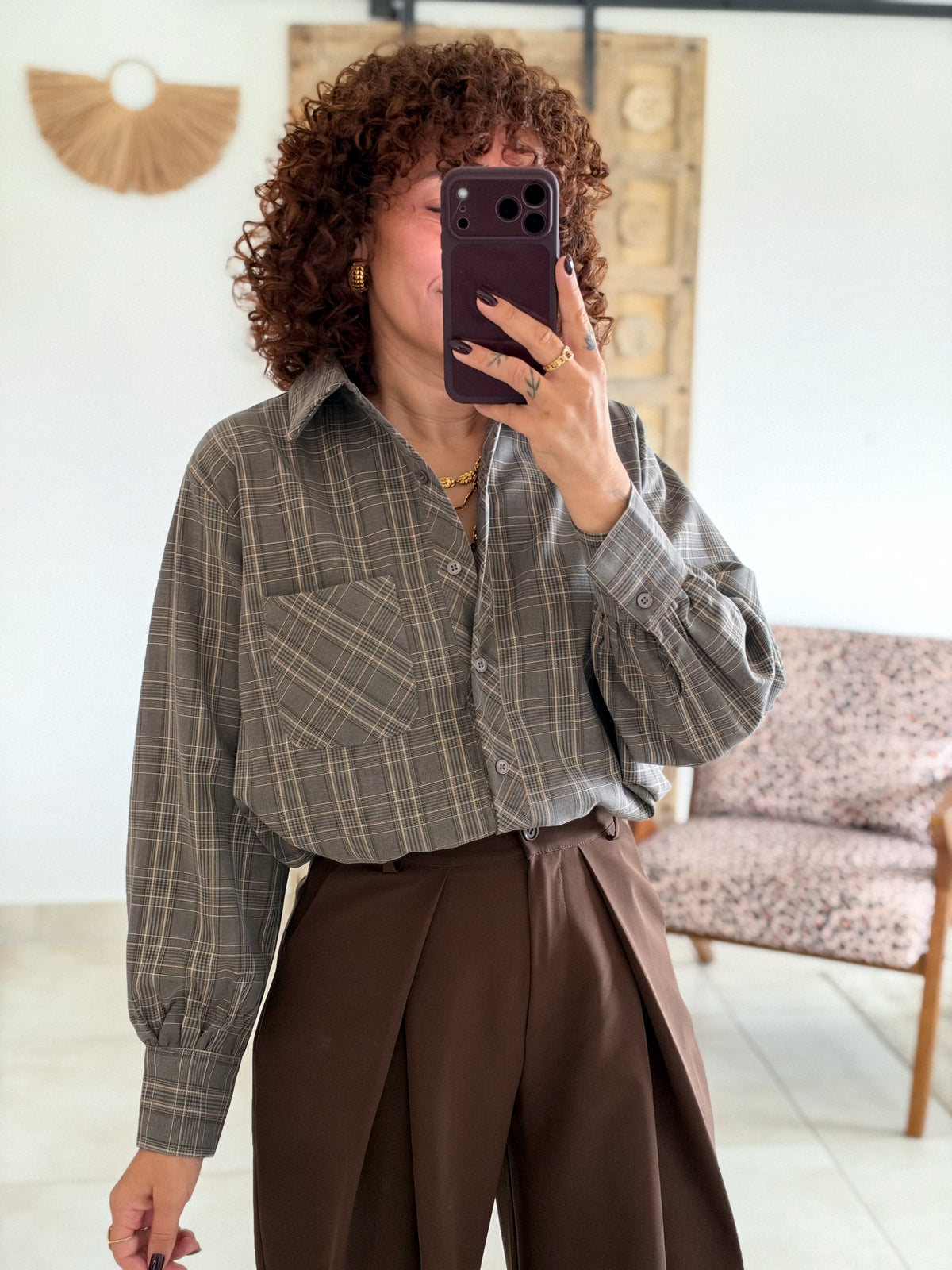 Chemise Edith - Carreaux gris taupe