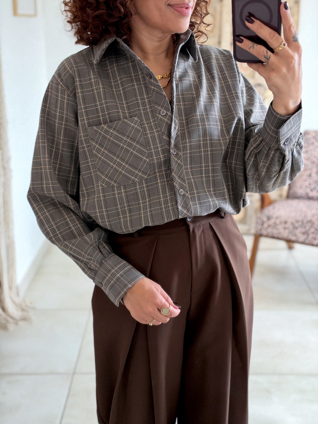 Chemise Edith - Carreaux gris taupe