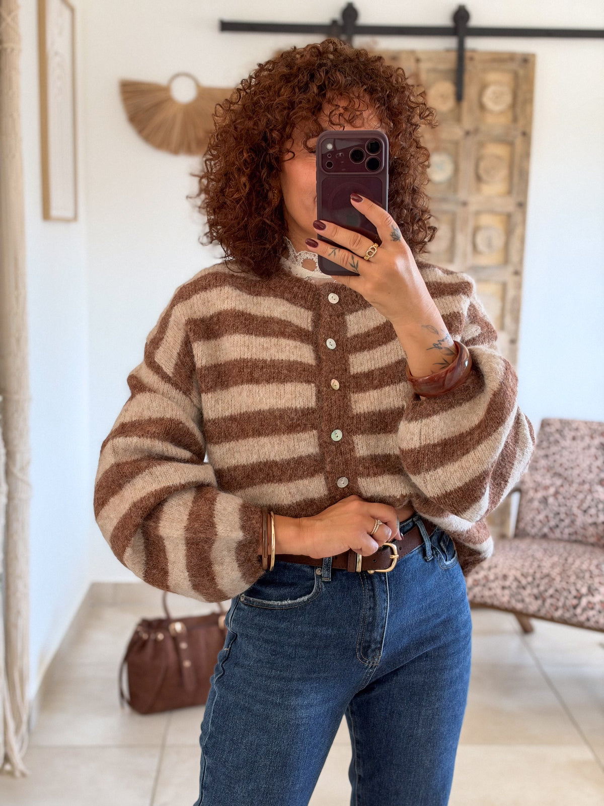 Gilet Elsa – Rayures beige et chocolat