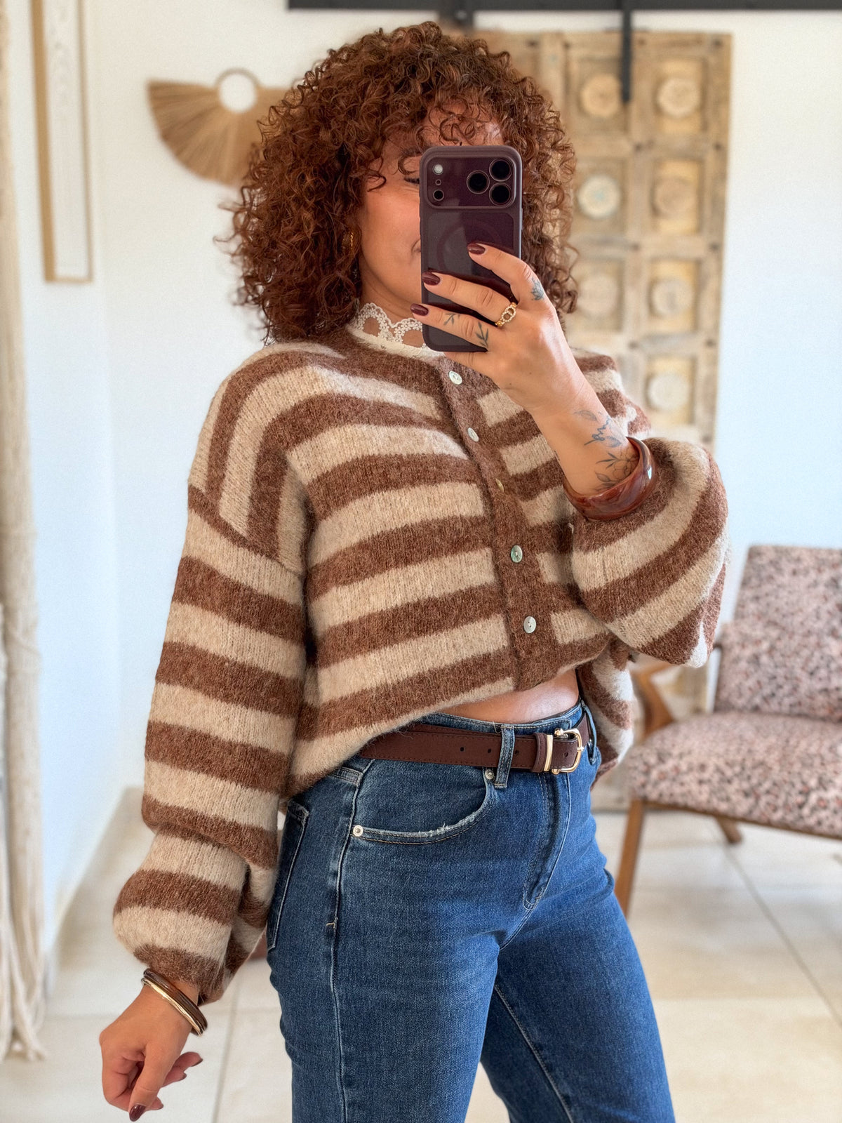 Gilet Elsa – Rayures beige et chocolat