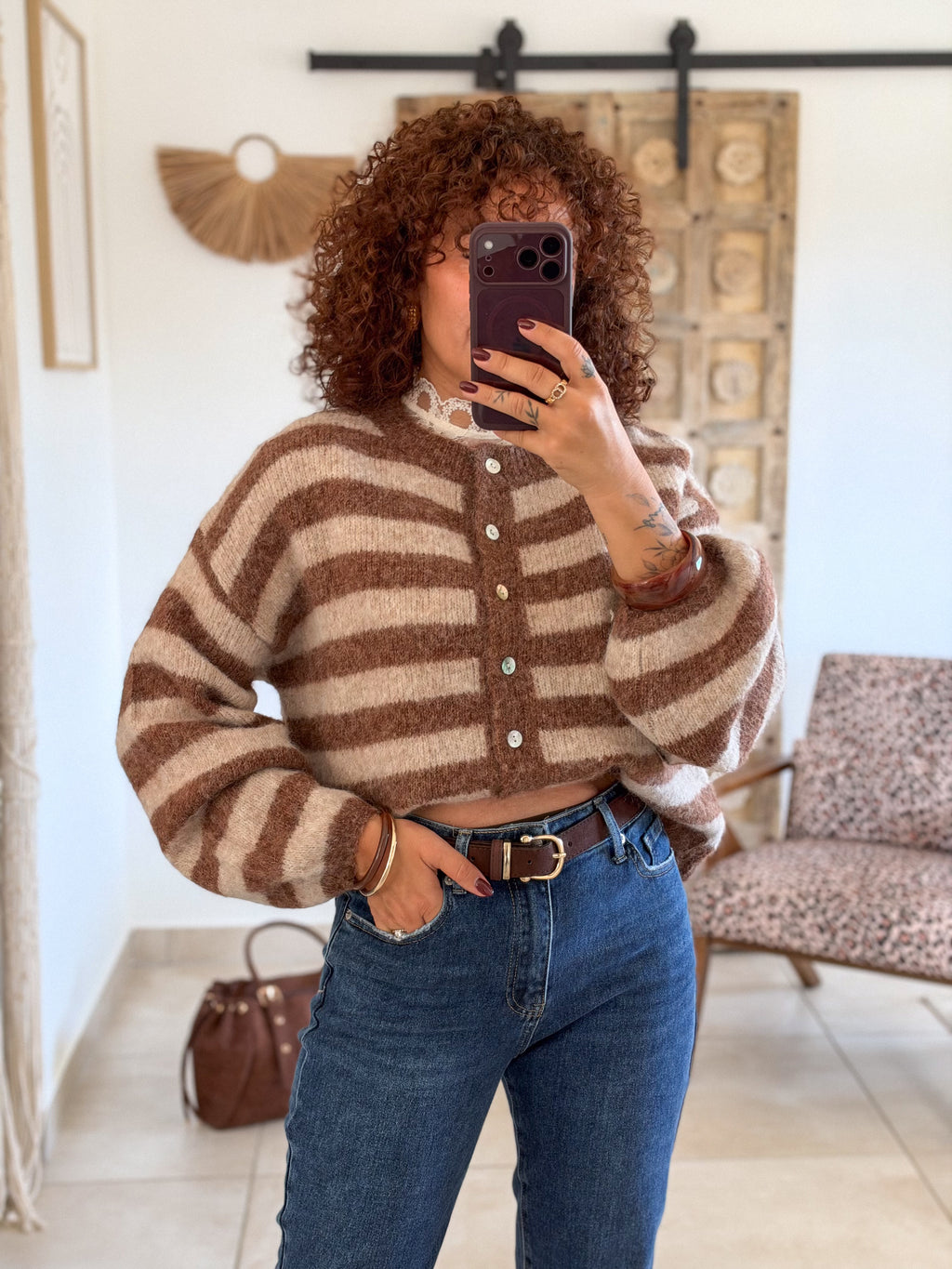Gilet Elsa – Rayures beige et chocolat