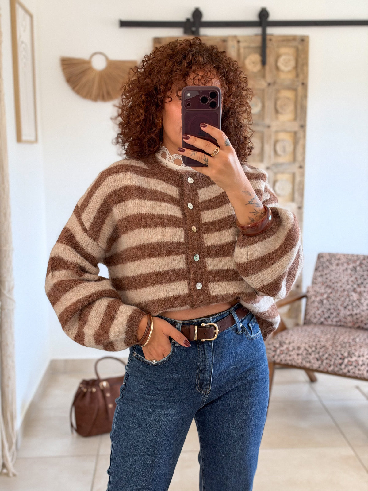 Gilet Elsa – Rayures beige et chocolat