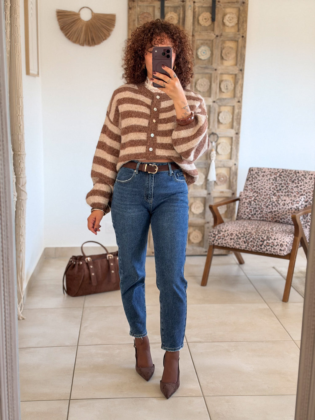 Gilet Elsa – Rayures beige et chocolat