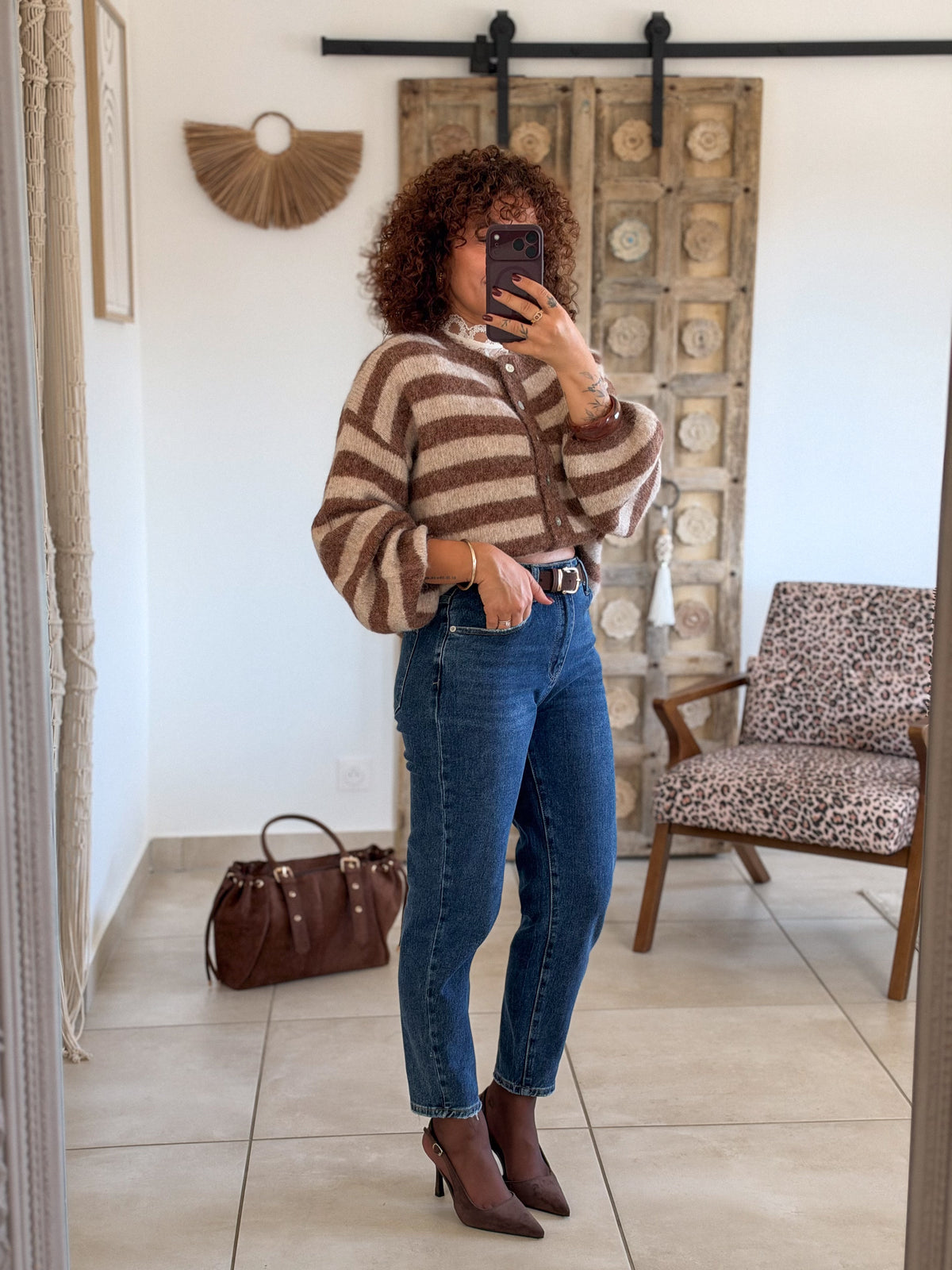 Gilet Elsa – Rayures beige et chocolat