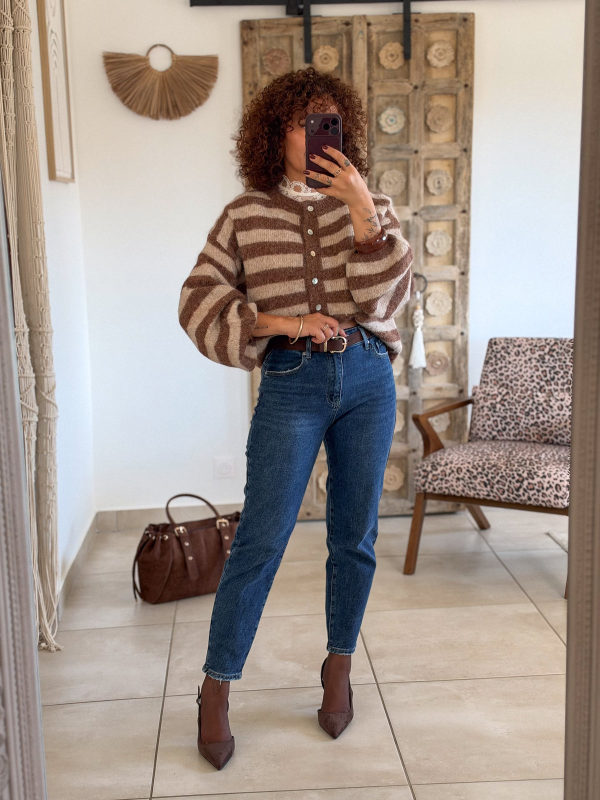 Gilet Elsa – Rayures beige et chocolat