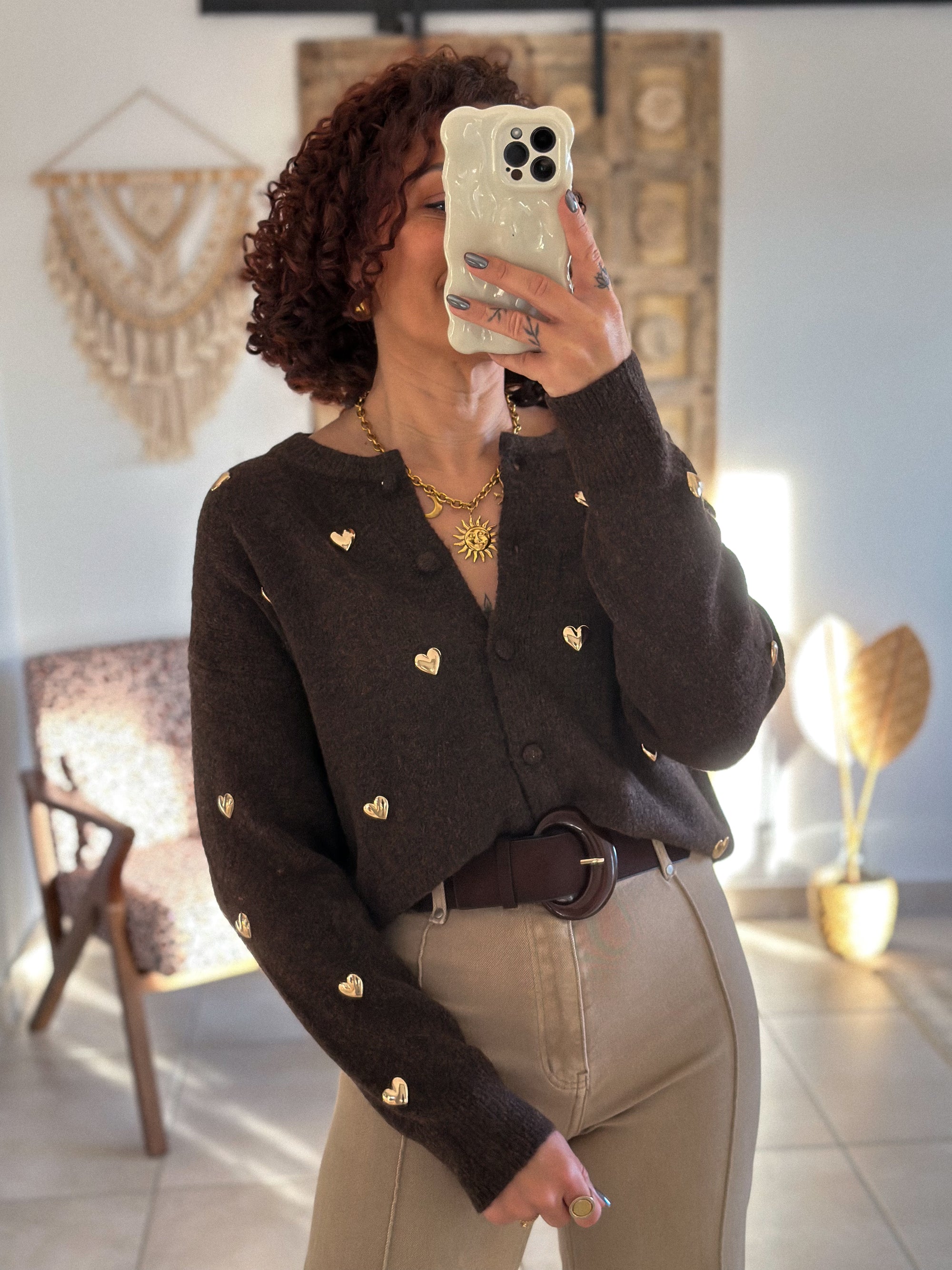 Gilet Odelia - Marron à cœurs dorés