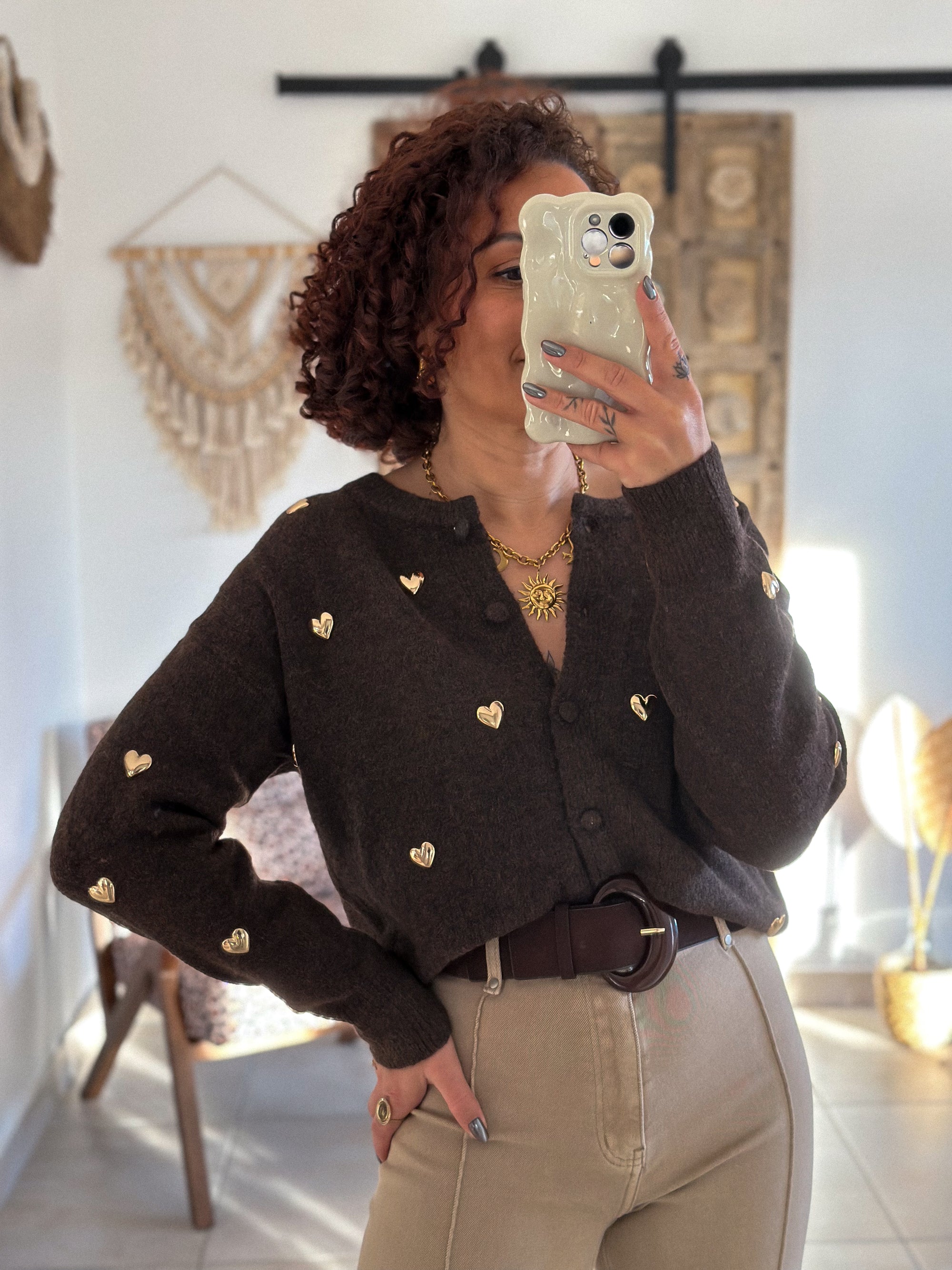 Gilet Odelia - Marron à cœurs dorés