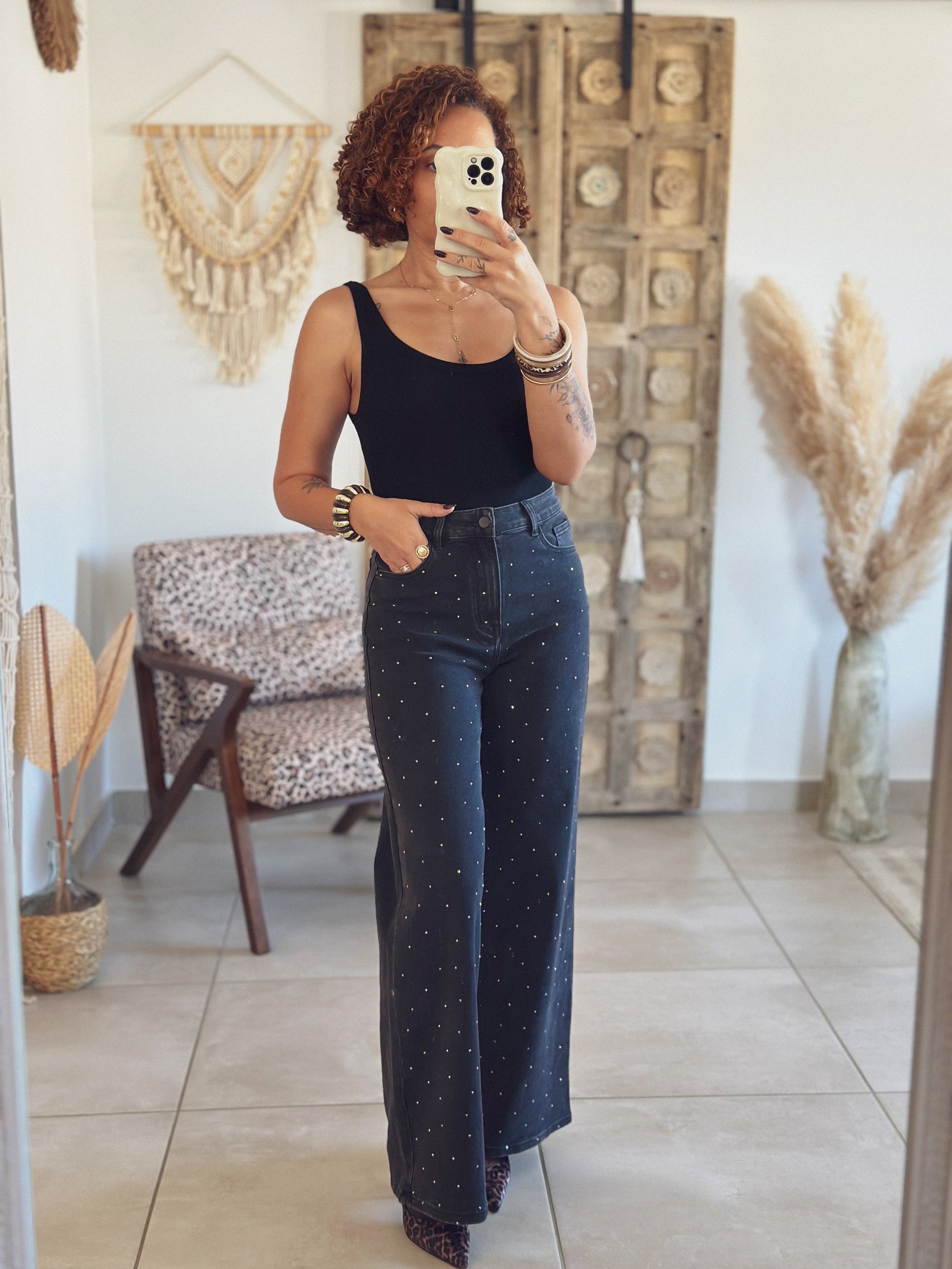Jean Naomie – Wide leg Noir à Strass