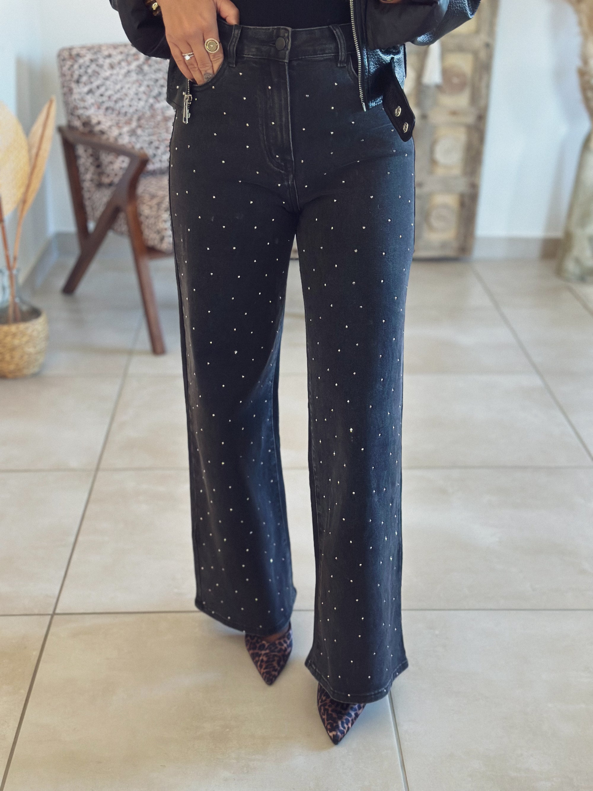 Jean Naomie – Wide leg Noir à Strass
