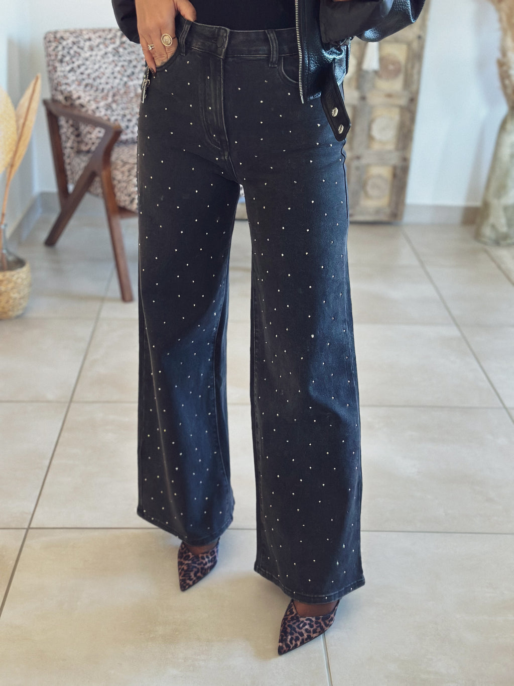 Jean Naomie – Wide leg Noir à Strass