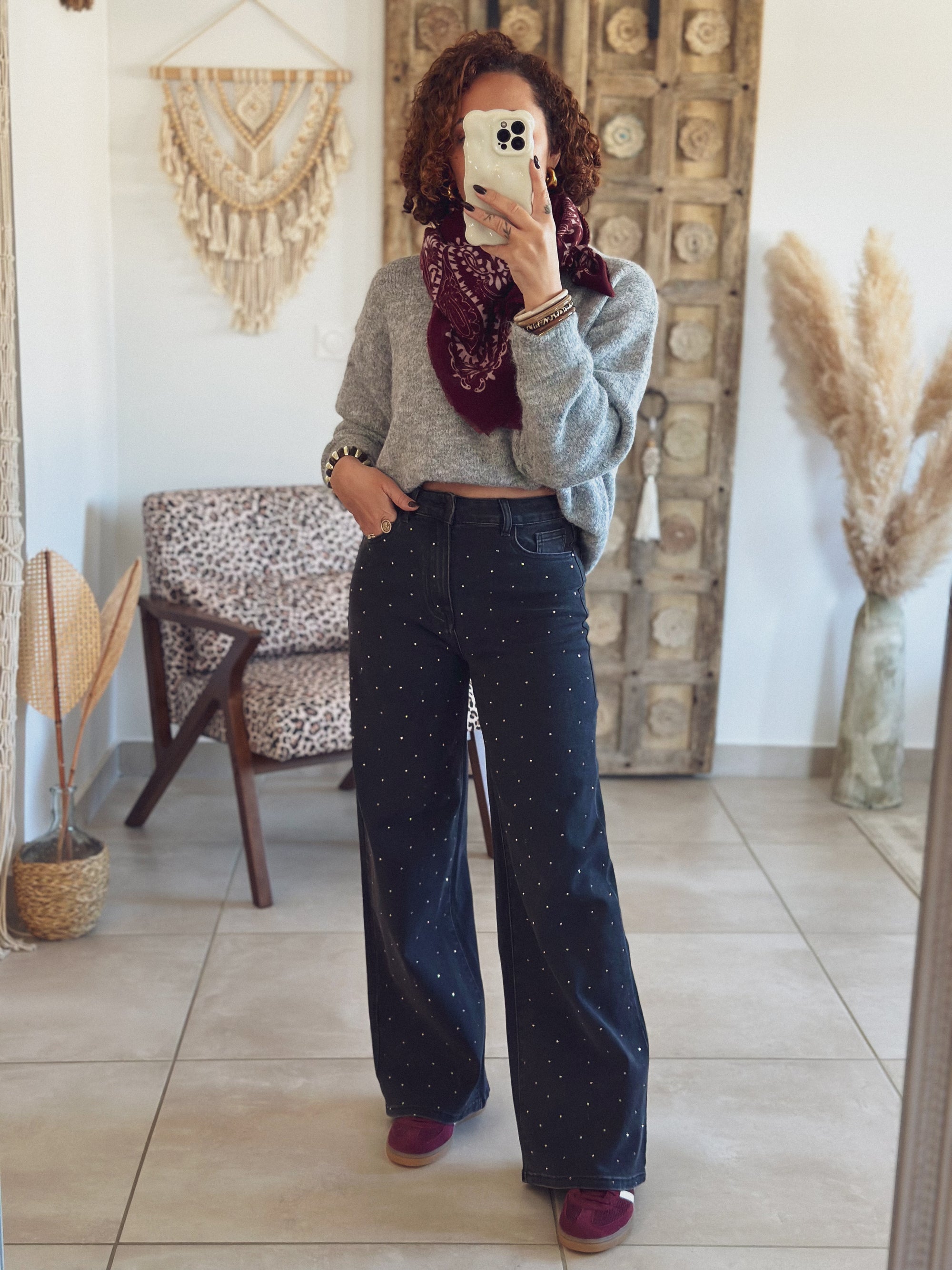 Jean Naomie – Wide leg Noir à Strass