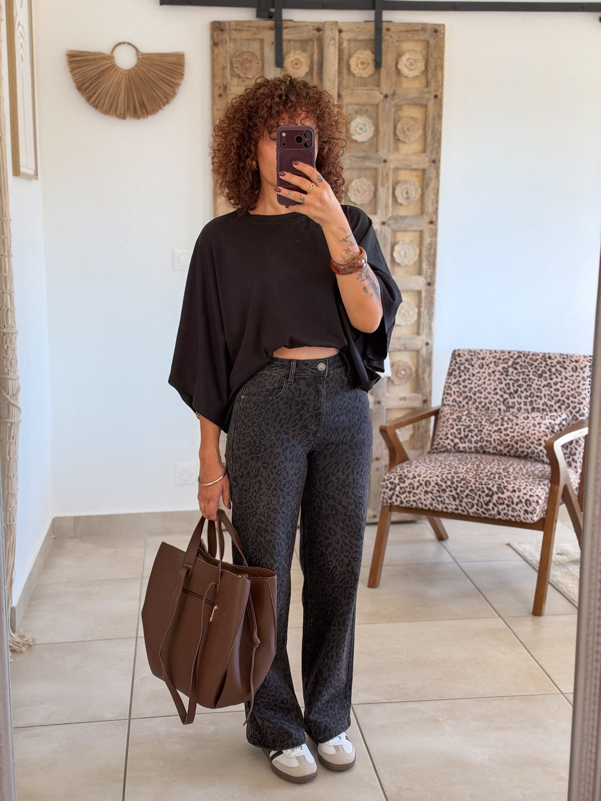 Jean Suham – Wide leg gris leopard