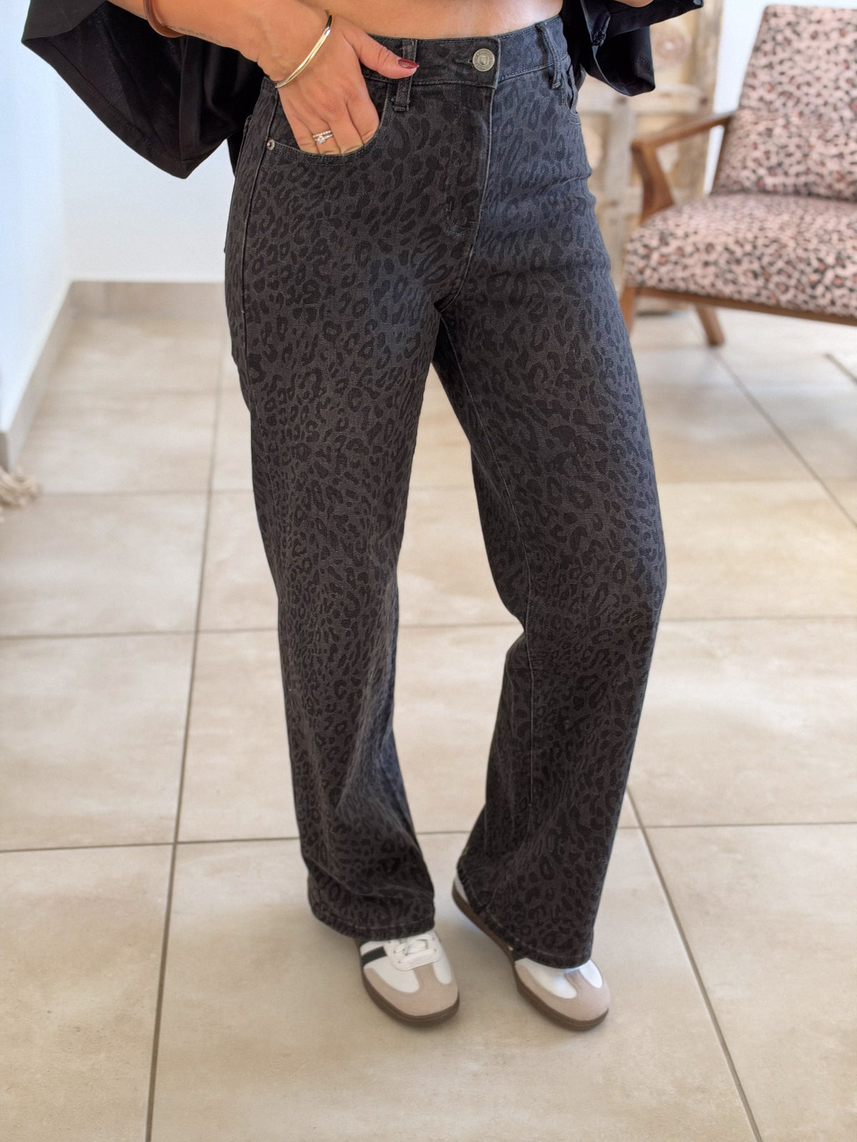 Jean Suham – Wide leg gris leopard