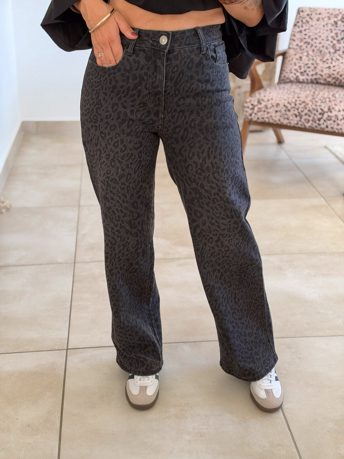 Jean Suham – Wide leg gris leopard