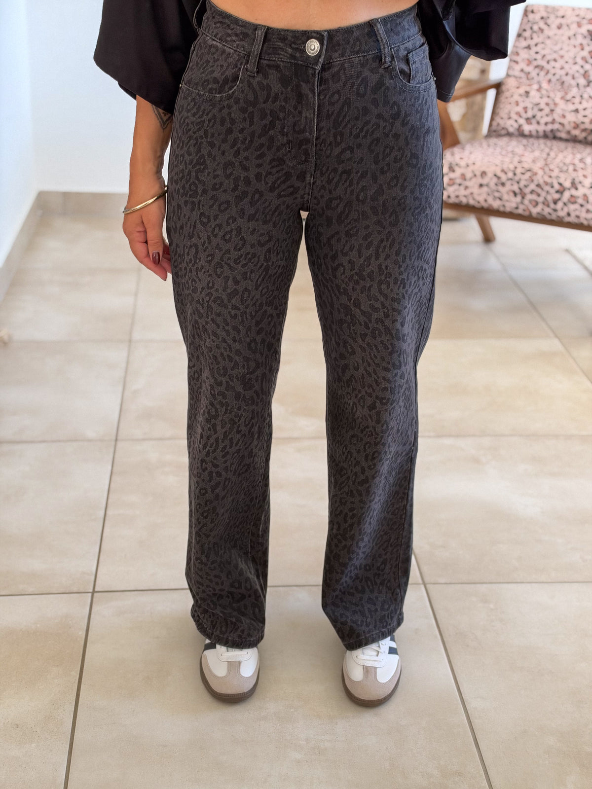 Jean Suham – Wide leg gris leopard