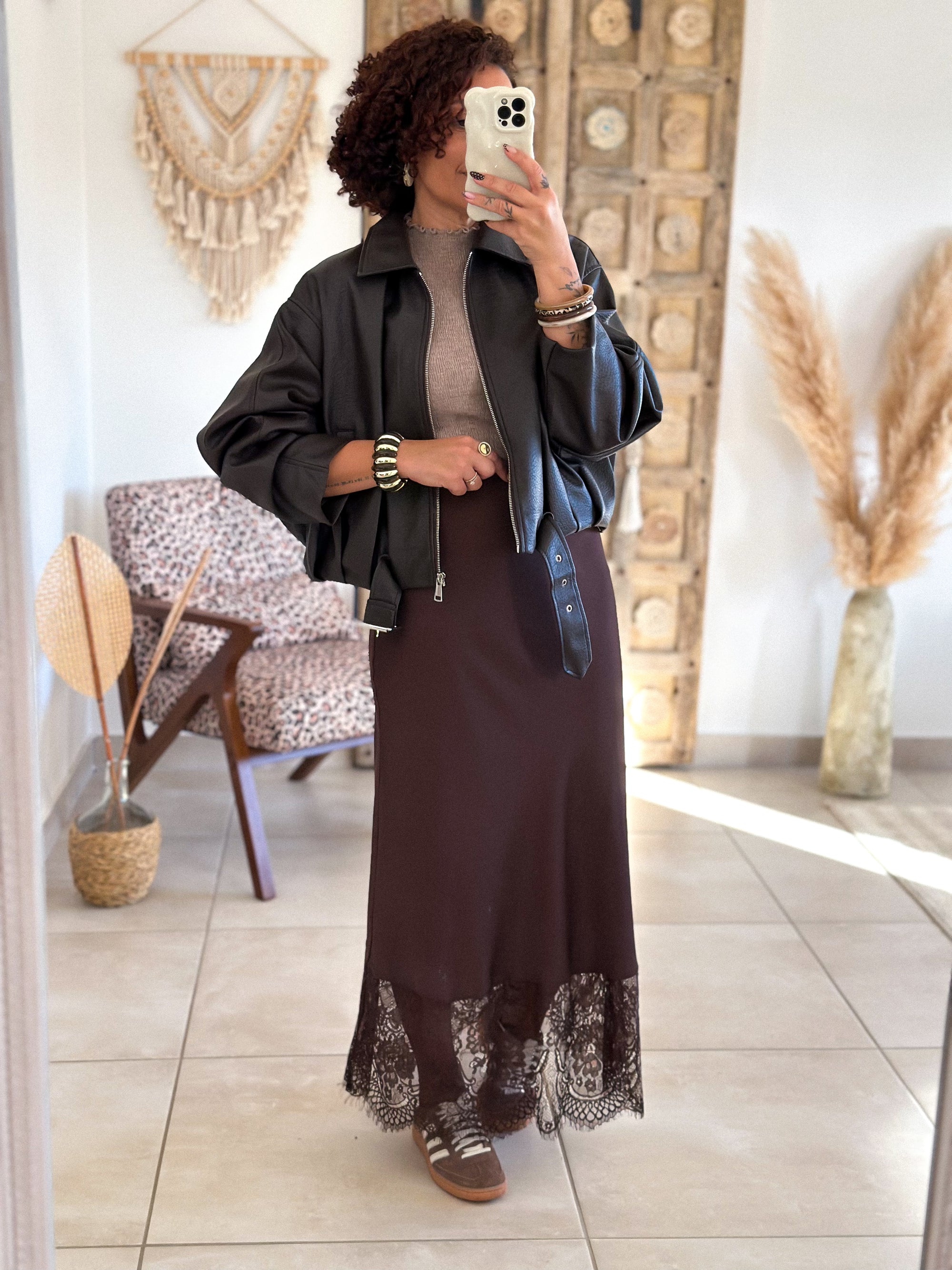 Jupe Meyline - Satin et dentelle marron