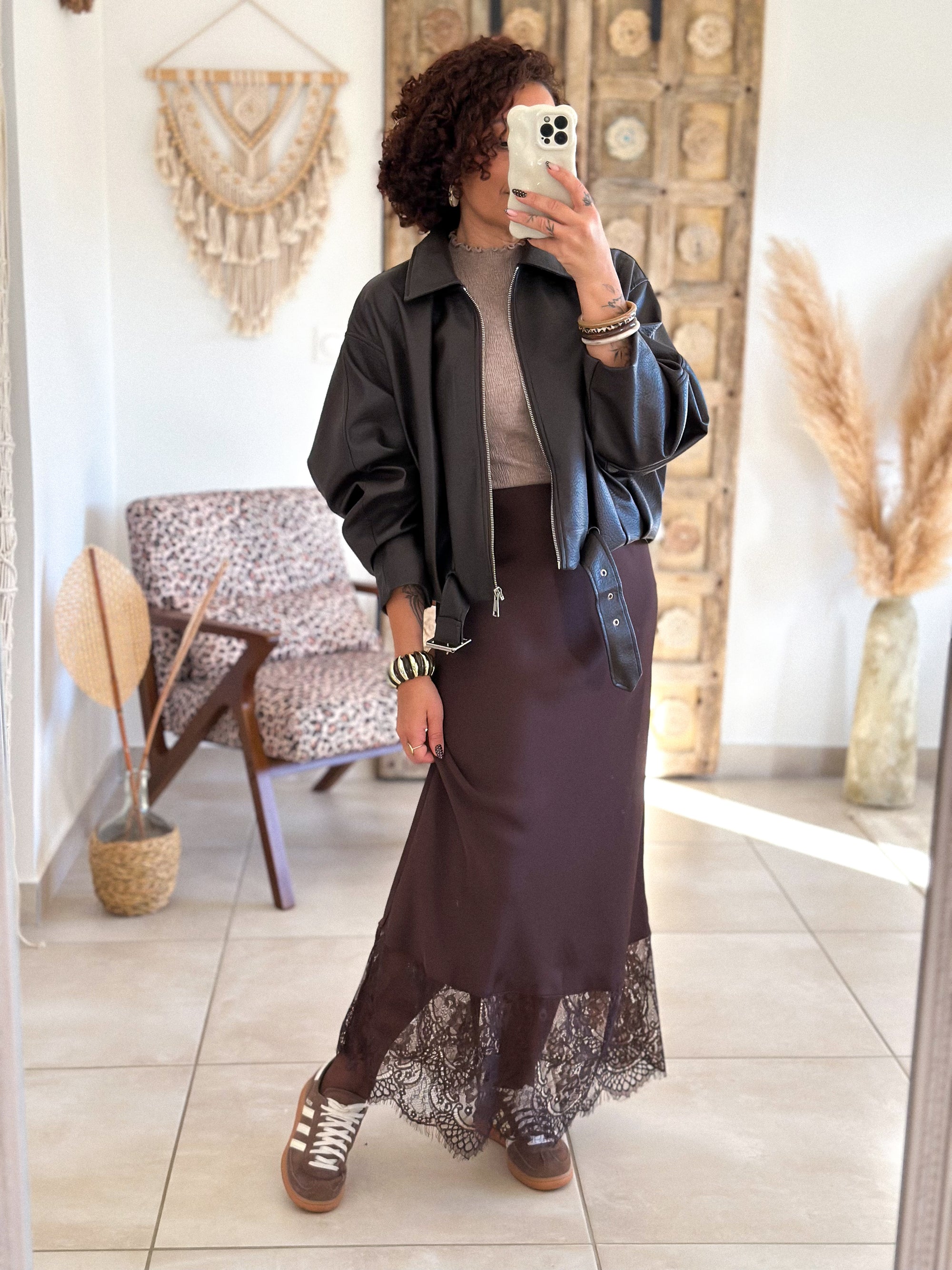 Jupe Meyline - Satin et dentelle marron