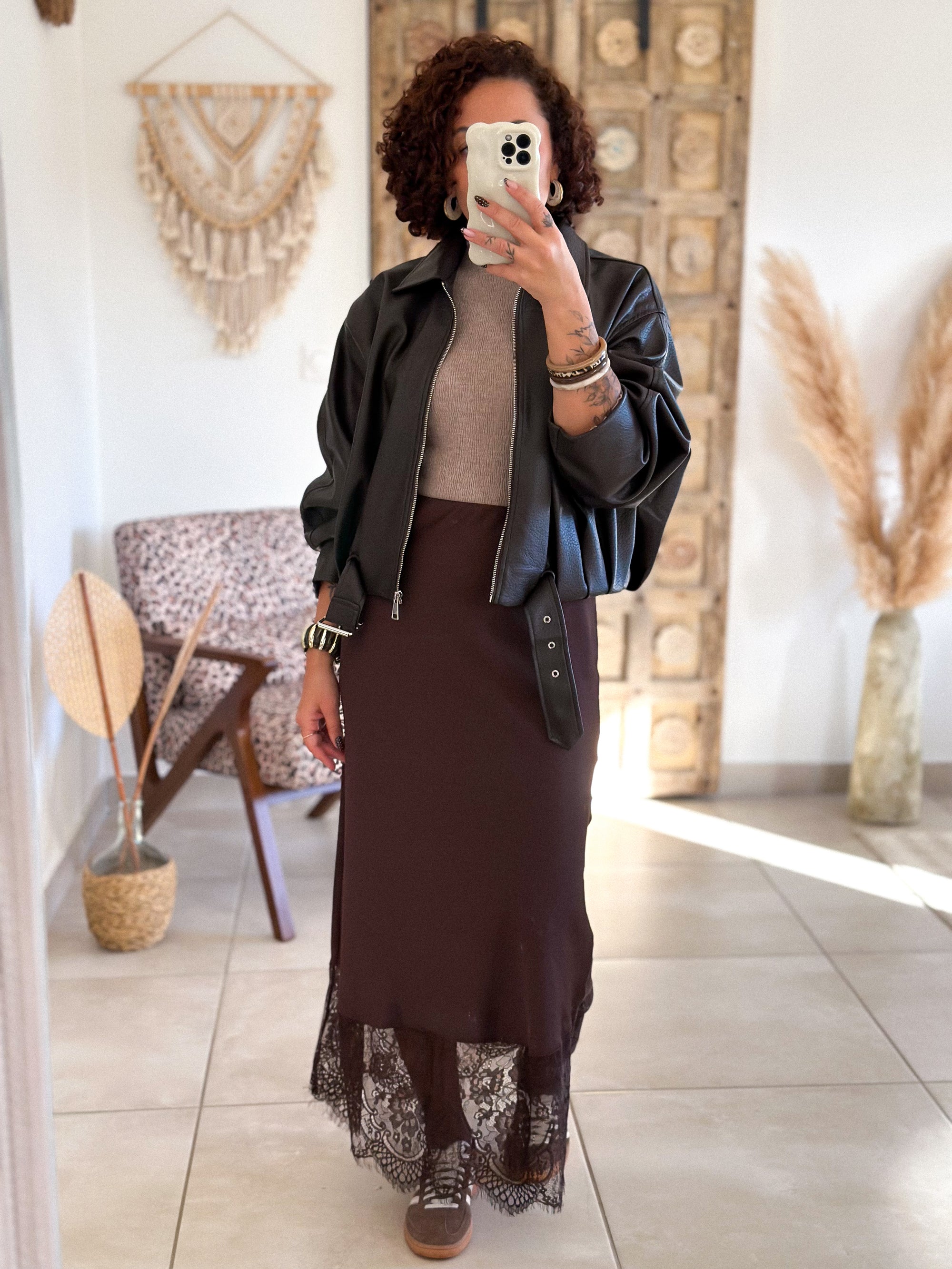 Jupe Meyline - Satin et dentelle marron