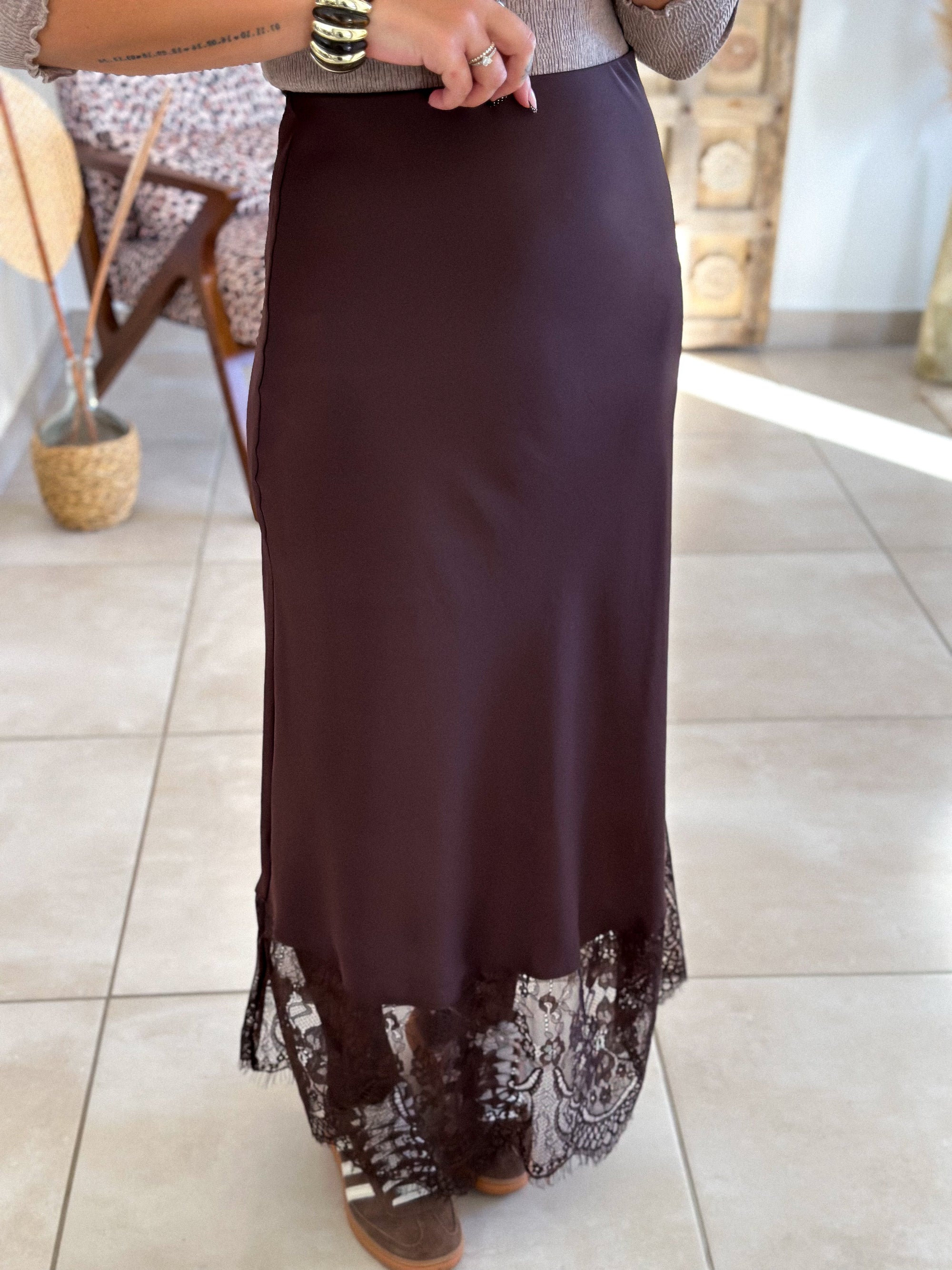 Jupe Meyline - Satin et dentelle marron