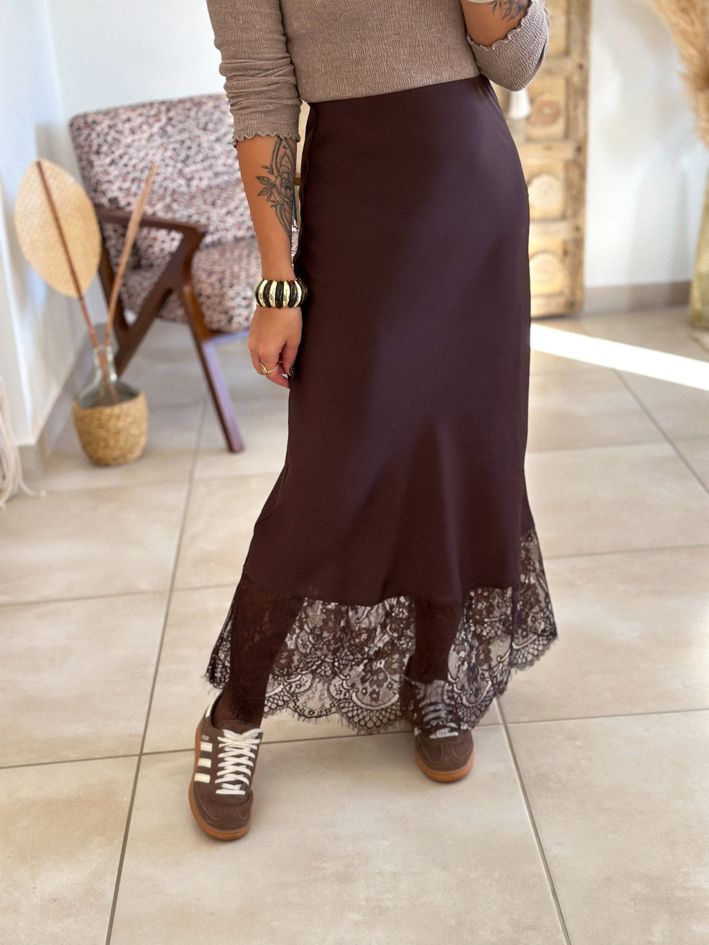 Jupe Meyline - Satin et dentelle marron